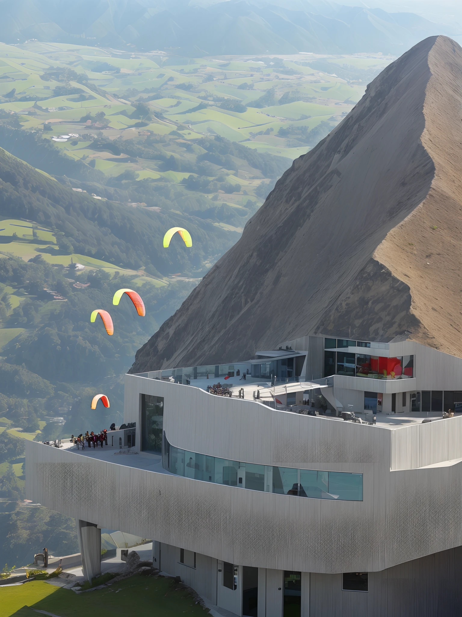 Exterior of paragliding center, contemporary style, on mountain side