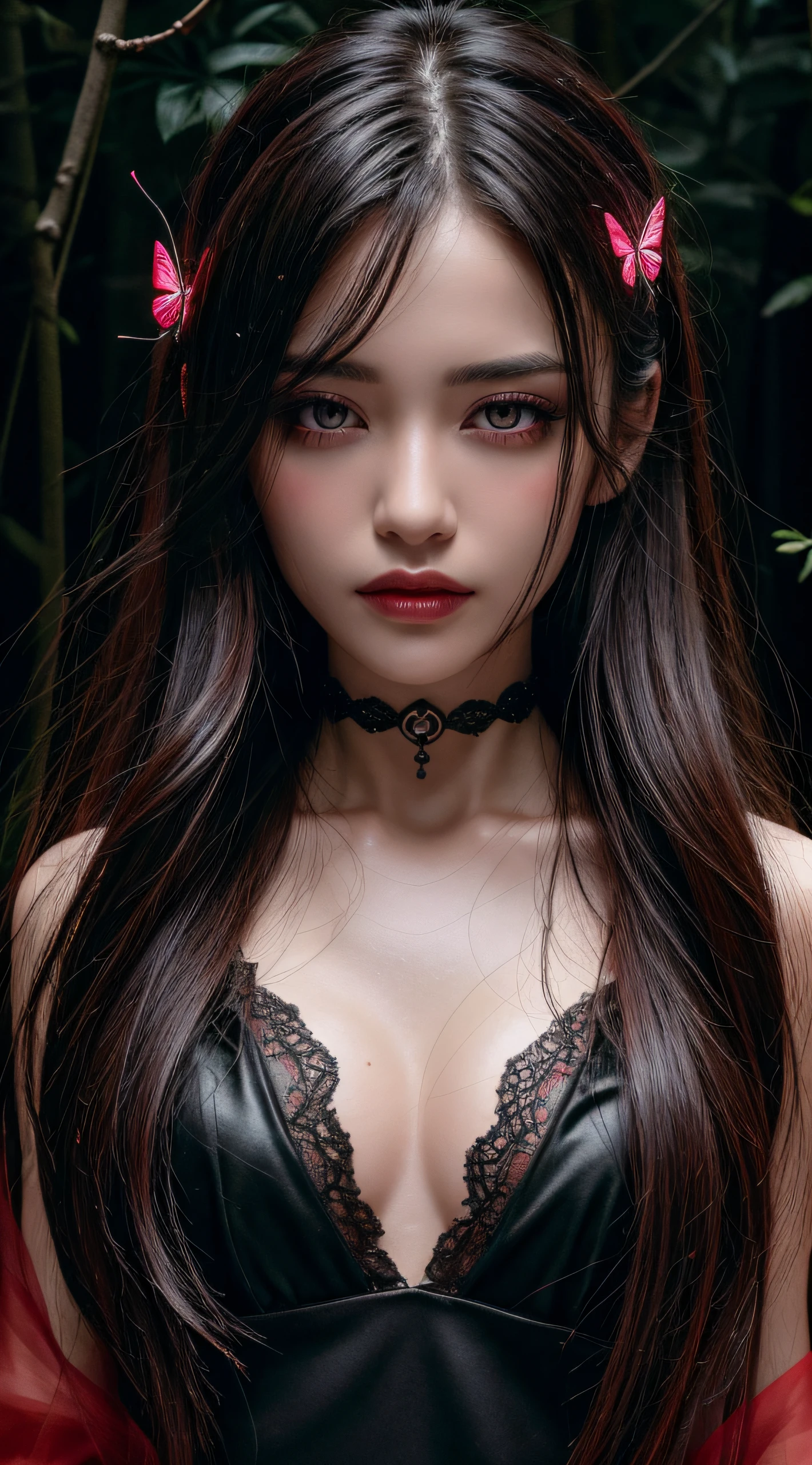 top-quality、8K、ultra - detailed,Cinematic light, A high resolution, best qualtiy, ultra - detailed, Detailed face, (Detailed eyes), Best quality, ultra - detailed, masutepiece, (Detailed face), Clean face, Sexy wear transparent (Torn) cloths, floating cloth, see through, choker necklace, Open cloth, NSFW, high-heels, Red eyes, Neon shiny little hair ends, Dark fantasy forest, Glowing plants with neon details, Dark magic, (portal:1.15) To the underworld in the background, light reflections, heart shaped iris, Playful eyes, cropped shoulders, rain, (Wet body), tiny glowing butterflies, hair adornments,(masutepiece), Best quality, Ultra-detailed, an extreme close-up of an eye, Clear detail, Complex lines, Vivid colors, Bright highlights, Darker shadows, sparkling reflections, depth of fields, Seductive beauty.