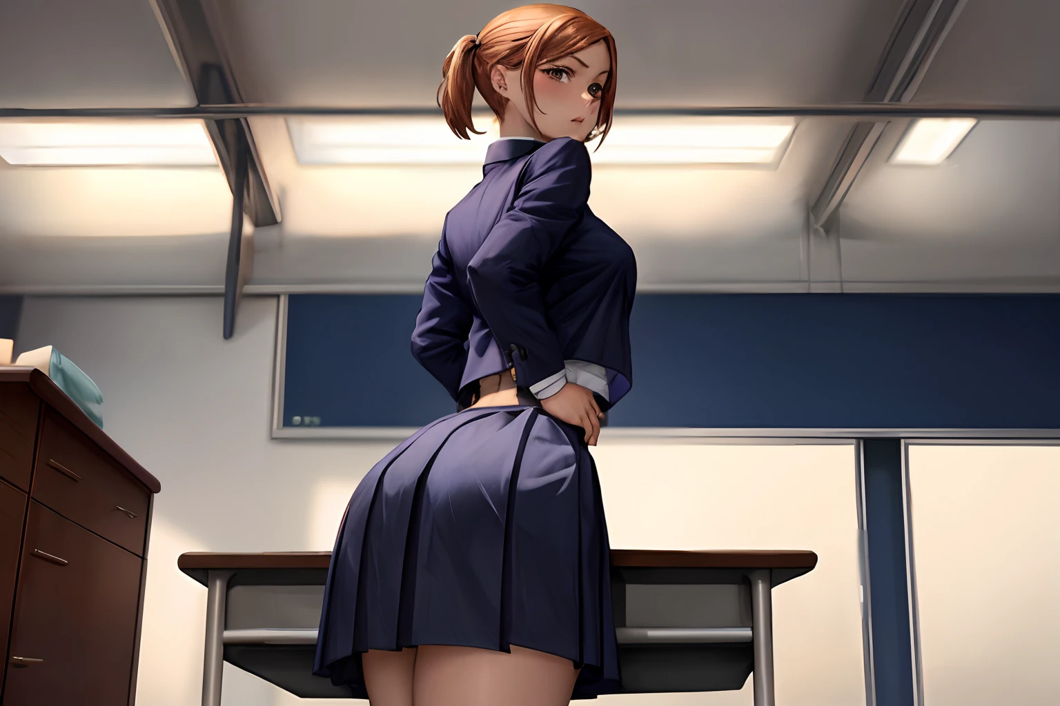 masterpiece, best quality, school uniform, back, feet focus, extreme back arch, medium butt, defined butt, panties under skirt, wrinkly panties school classroom, split on desk, prominent butt crack, looking at viewer, without shoes, schoolgirl uniform, (students looking at her:1.3), seductive, seductive expression