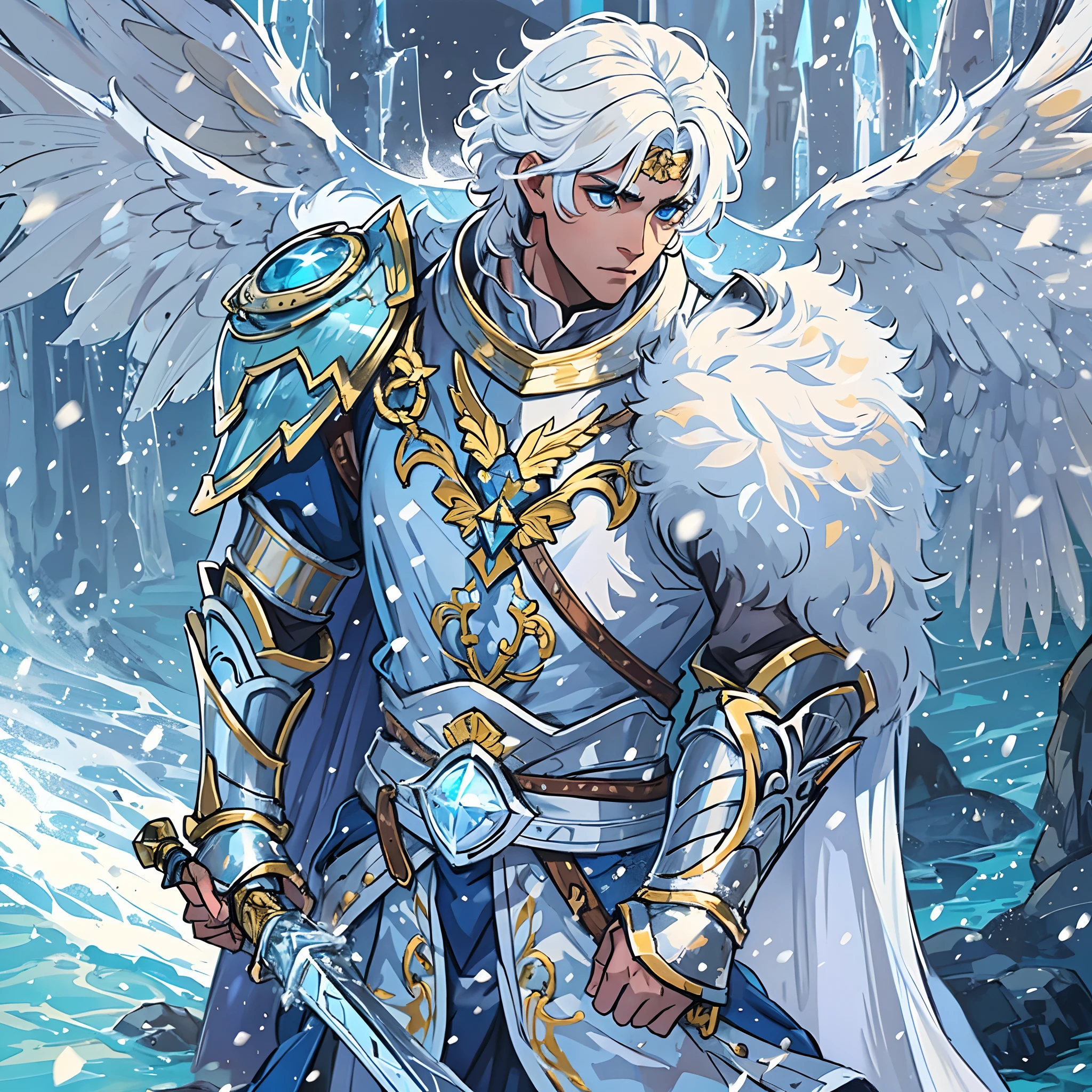 a young warrior, a noble knight, prince of a kingdom wearing golden, blue and white armor;, uma armadura angelical, This warrior is young with ice powers, A handsome man with straight white hair, his hair is of average length at ear height like a Channel style haircut., has hair as white as snow, He is a great warrior of a blue and white kingdom, His hair is of medium achievement and his eyes are blue as the ocean, He's from the Angelic family, Lights make up the image along with snow and a white glow, no fundo uma floresta de nevada durante um inverno enquanto neva, Uma arte medieval para RPG