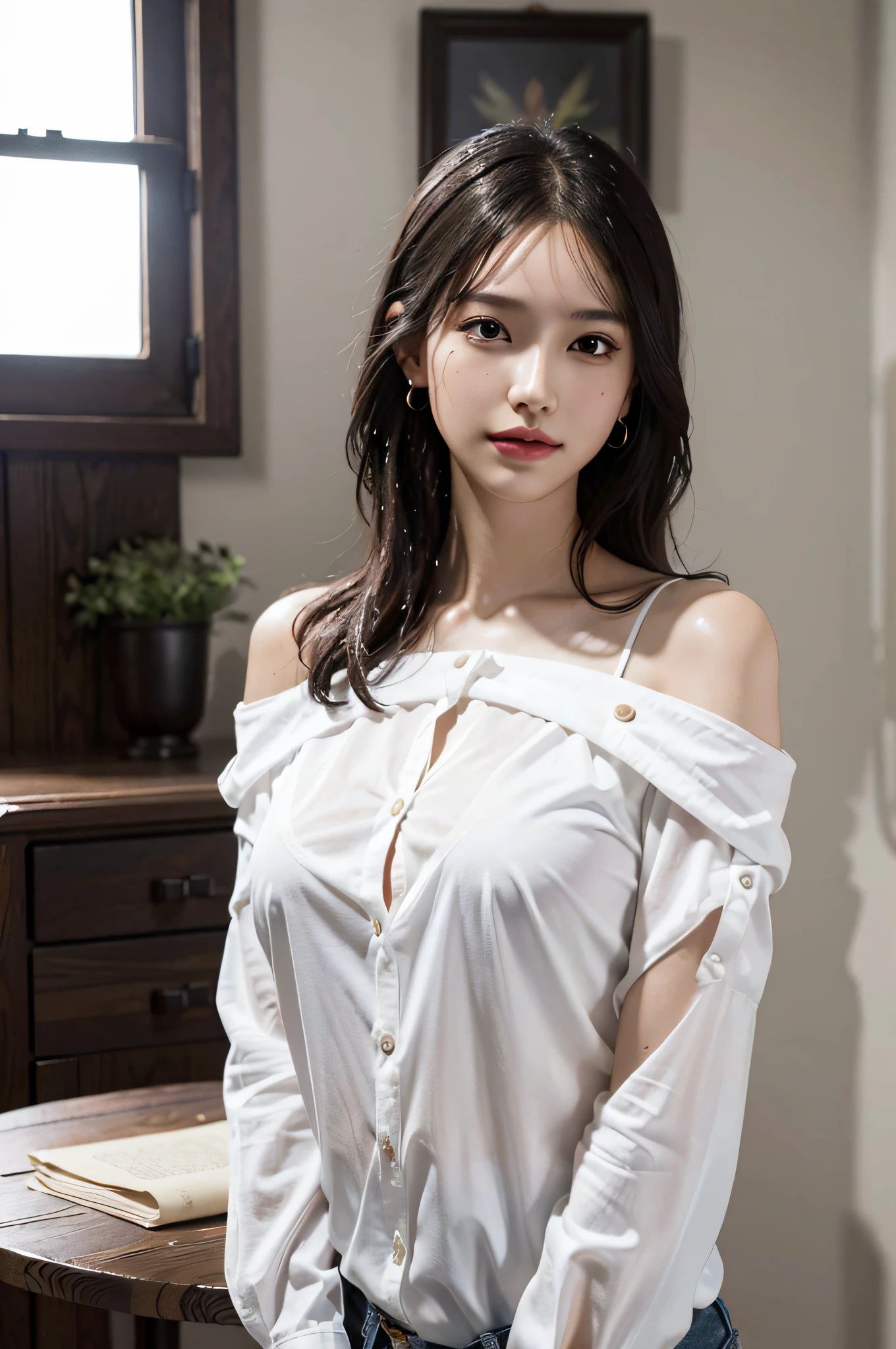 ((extremely delicate and beautiful, masterpiece, Best Quality, ultra high resolution, 16k, Photorealistic, ultra-detailed, Very detailed CG 8k wallpaper, Beautiful Lighting, Perfect Lightning, Realistic Shadows, anatomically correct)), Detailed shiny skin, Latino, late 20s, Slim body, Slim abdomen, small head, handsome detailed woman, very detailed eyes and face, realistic face proportions, Stunning detailed eyes, Realistic small beautiful face, Realistic small beautiful eyes, double eyelids, makeup, tearful mole, mole on chest, earring, ((full body shot)), short wavy hair, ((((huge round breasts)))), ((cleavage)), Soft midriff, Fine Collarbone, beautiful and very thin legs, beautiful and very thin thighs, bare shoulders, bare legs, ((Wet white button up long shirt, Wet body)),