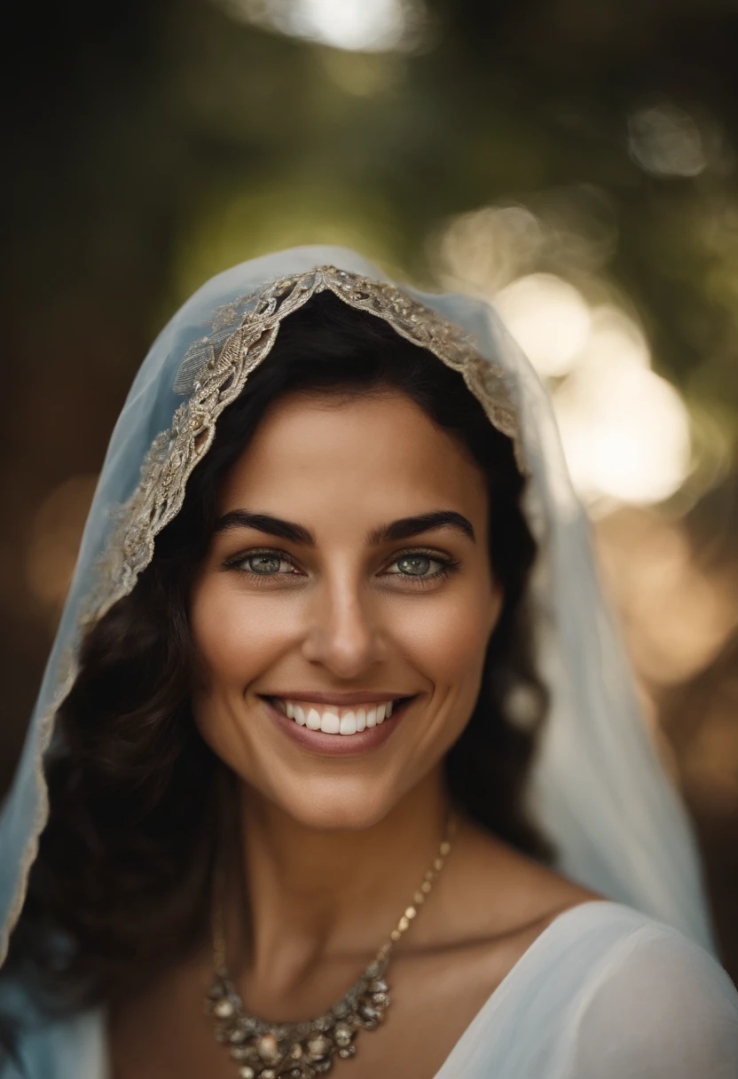 25 years old moroccan, focus on the nose, sharp nose, A captivating portrait of a woman grinning, her entire face, including her nose, sharply in focus. Her light blue eyes are illuminated by natural light. Photographed by the acclaimed Sally Mann with a Hasselblad X1D II and an 80mm f/1.9 lens, the settings were f/2.8, ISO 64, and 1/180s. Ambient light was artfully shaped using a large diffuser and a gold reflector to add warmth. --ar 9:16 00 --s 2
