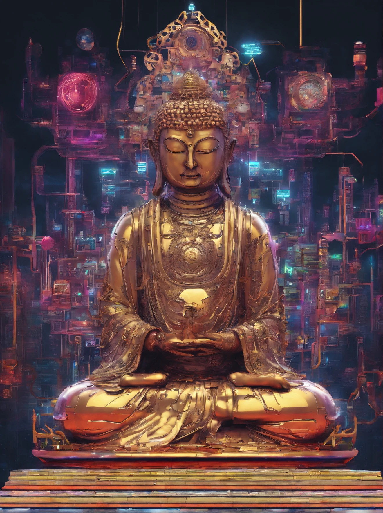 Super giant mechanical Buddha statue，Adoring crowds，In steampunk style，super-fine，8K，Works of masters，Meticulous mechanical depiction，OC renderer，