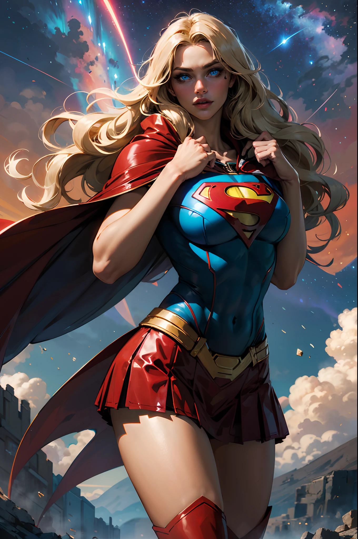 nijistyle, Cowboy shot of beautiful woman in Superman costume, Long Blonde Hair, Heroic, Glowing blue eyes, Cape, Particle, skyporn, Red skirt, Red boots, Sexy Pose, large udder, nigh sky, Countless stars, Raise one hand, flying pose,