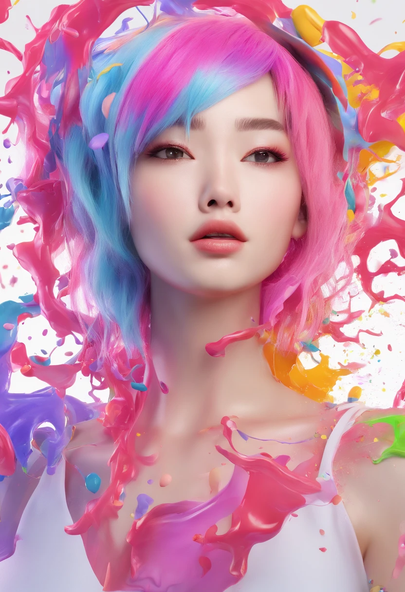 (Masterpiece, Best Quality, High Resolution), White Background, ((Paint Splash, Color Splash, Splash of Ink, Color Splash)), Sweet Chinese Girl, Rainbow Hair, Pink Lips, Front, Upper Body