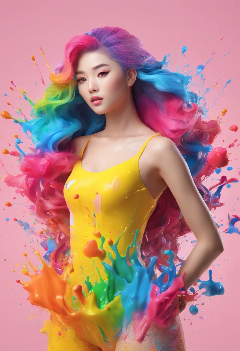 (Masterpiece, Best Quality, High Resolution), White Background, ((Paint Splash, Color Splash, Splash of Ink, Color Splash)), Sweet Chinese Girl, Rainbow Hair, Pink Lips, Front, Upper Body