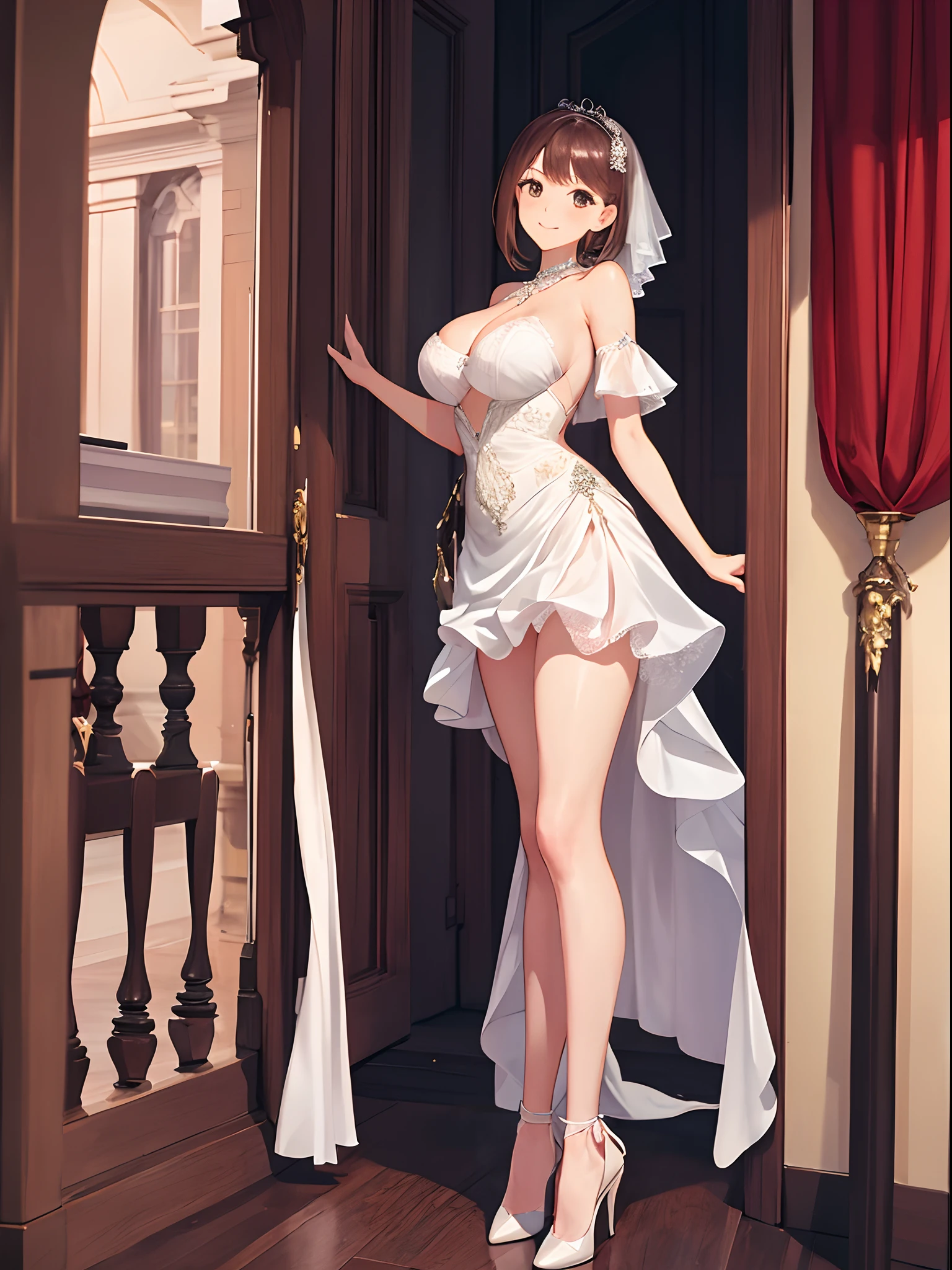1girll,Wedding dress,Seductive, big breast，Take a full-body photo of high heels