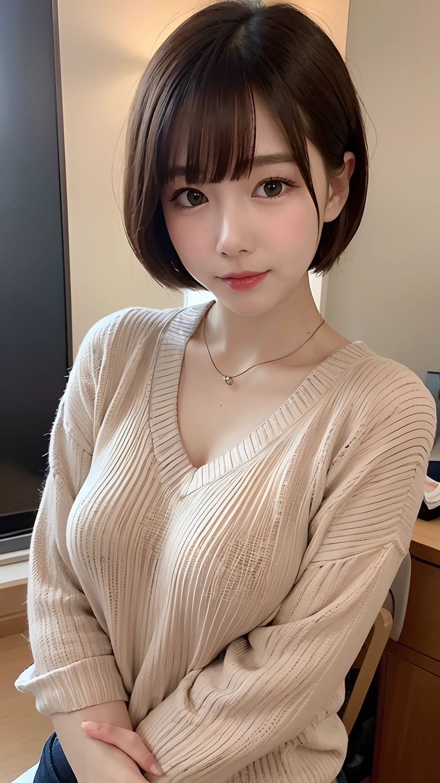 a close up of a woman in a sweater posing for a picture, Middle metaverse, 奈良美智, japanese model, beautiful asian girl, with short hair, 2 4 year old female model, 4k], 4 k ], 2 , sakimichan, sakimi chan