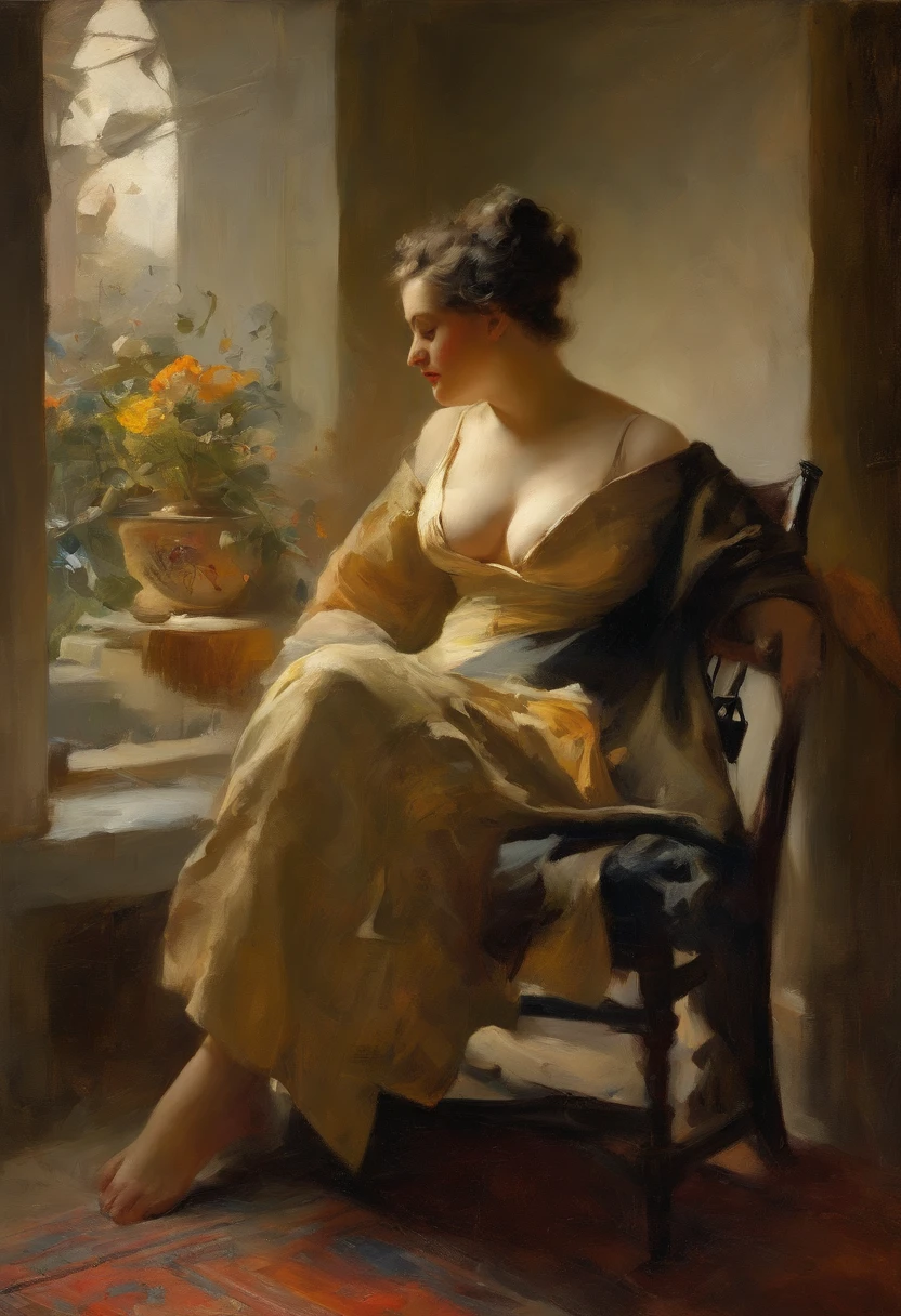 A painting of a woman with Gigantic saggy breasts, Milk breasts, for milking, Huge nipples, sitting by open window witha bird purched on the ledge, clay interior walls, her eyes closed, perfect arms and hands, elegant in nature, beautiful backlighting on hair, full lips, wavy hair, up-do, her elbow leaning on arm of chair, {{Antique rosewood armchair / Georgian button back chair}}, with her hand resting under her chin, smiling about the events of the day, wearing a beautiful polka dots dress, with exposed cleavage, {{nudity}} breasts exposed and hanging out, {{1 breast out leaking milk from nipple}}, ((golden ratio}} sleepy after a long day, a sensual painting, a Beautiful expressive painting, Wadim Kashin. Ultra photo realism, Louise Ross, digital painting art, Perceptual digital painting, Stylish digital painting, Bonito painting, glossy digital painting, beautiful digital painting, digital art painting, Fine paintings, thick strokes, pallette knife, impasto, Albrecht Dürer, Rembrandt, baroque art, alla prima, sfumato, chiaroscuro, intense light, {{catchlight}}