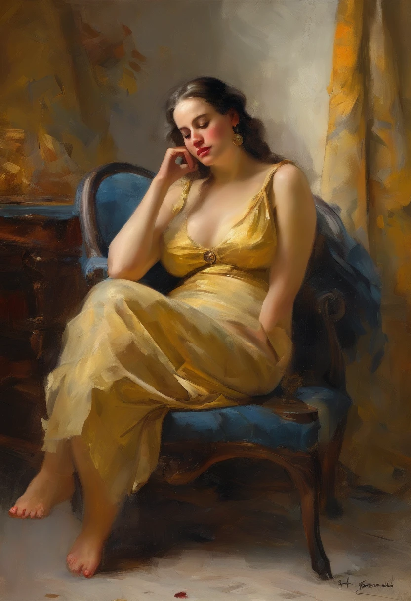 A painting of a woman with Gigantic saggy breasts, Milk breasts, for milking, Huge nipples, sitting by open window witha bird purched on the ledge, clay interior walls, her eyes closed, perfect arms and hands, elegant in nature, beautiful backlighting on hair, full lips, wavy hair, up-do, her elbow leaning on arm of chair, {{Antique rosewood armchair / Georgian button back chair}}, with her hand resting under her chin, smiling about the events of the day, wearing a beautiful polka dots dress, with exposed cleavage, {{nudity}} breasts exposed and hanging out, {{1 breast out leaking milk from nipple}}, ((golden ratio}} sleepy after a long day, a sensual painting, a Beautiful expressive painting, Wadim Kashin. Ultra photo realism, Louise Ross, digital painting art, Perceptual digital painting, Stylish digital painting, Bonito painting, glossy digital painting, beautiful digital painting, digital art painting, Fine paintings, thick strokes, pallette knife, impasto, Albrecht Dürer, Rembrandt, baroque art, alla prima, sfumato, chiaroscuro, intense light, {{catchlight}}