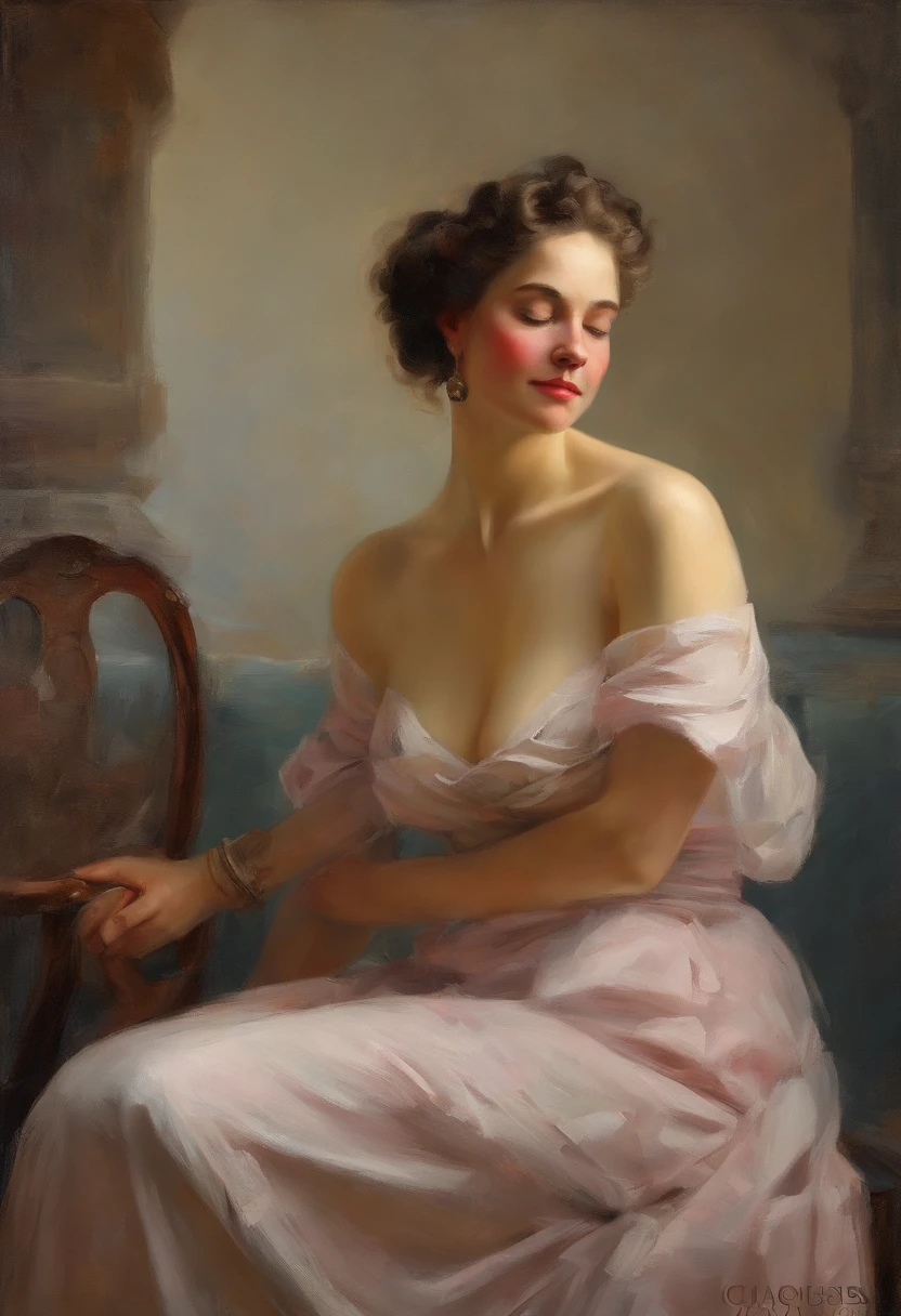 A Highly detailed, realistic thick Oil painting of a woman with {{Gigantic saggy breasts}}, {{Milk breasts}}, {{for milking}}, {{Huge nipples}}, Glass jar with pink roses, sitting by open window witha bird purched on the ledge, clay interior walls, her eyes closed, perfect arms and hands, elegant in nature, beautiful backlighting on hair, full lips, wavy hair, up-do, her elbow leaning on arm of chair, {{Antique rosewood armchair / Georgian button back chair}}, with her hand resting under her chin, smiling about the events of the day, wearing a beautiful polka dots dress, with exposed cleavage, {{nudity}} breasts exposed and hanging out, {{1 breast out leaking milk from nipple}}, ((golden ratio}} sleepy after a long day, a sensual painting, a Beautiful expressive painting, Wadim Kashin. Ultra photo realism, Louise Ross, digital painting art, Perceptual digital painting, Stylish digital painting, Bonito painting, glossy digital painting, beautiful digital painting, digital art painting, Fine paintings, thick strokes, pallette knife, impasto, Albrecht Dürer, Rembrandt, baroque art, alla prima, sfumato, chiaroscuro, intense light, {{catchlight}}