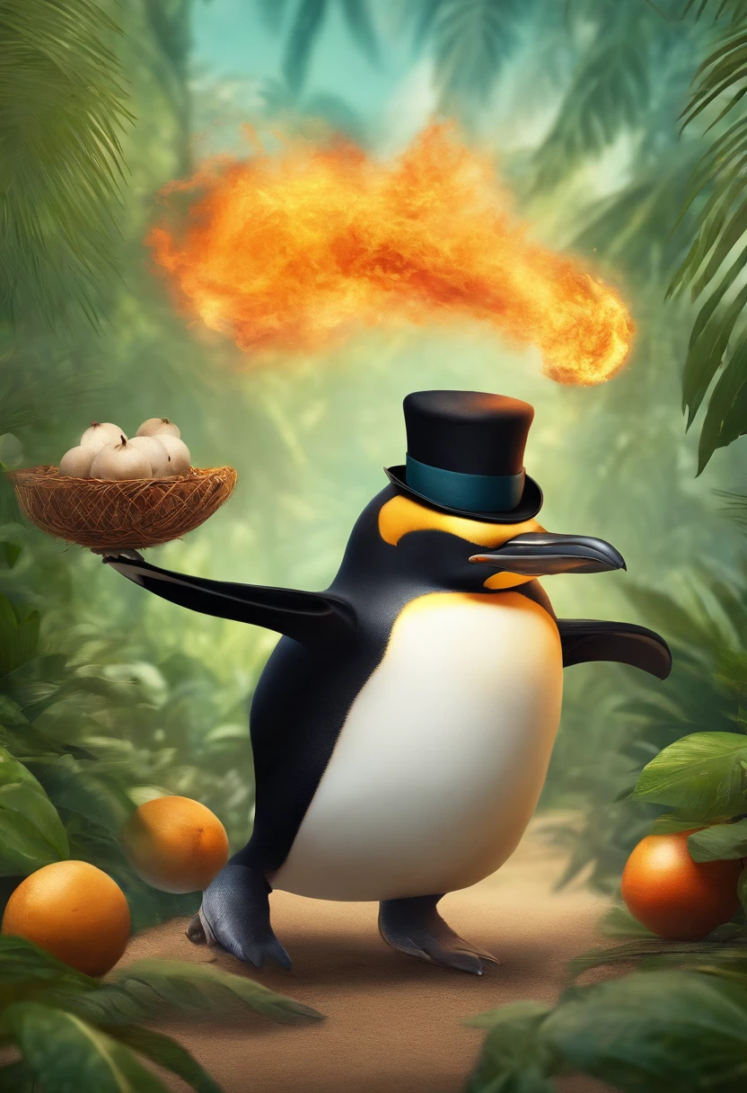 a penguin wearing a top hat, riding a unicycle, and juggling flaming coconuts in a tropical jungle