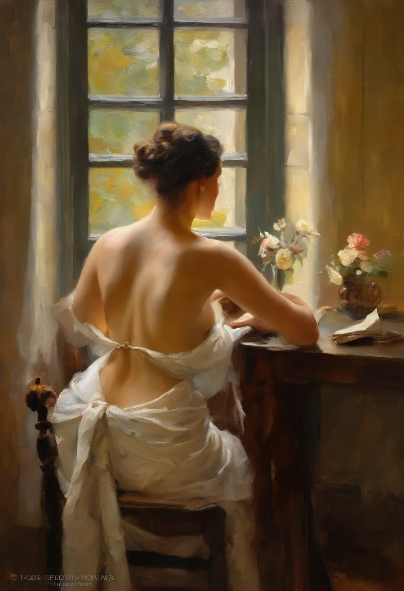 A painting of a woman with Gigantic saggy breasts, Milk breasts, for milking, Huge nipples, sitting by open window witha bird purched on the ledge, clay interior walls, her eyes closed, perfect arms and hands, elegant in nature, beautiful backlighting on hair, full lips, wavy hair, up-do, her elbow leaning on arm of chair, {{Antique rosewood armchair / Georgian button back chair}}, with her hand resting under her chin, smiling about the events of the day, wearing a beautiful polka dots dress, with exposed cleavage, {{nudity}} breasts exposed and hanging out, {{1 breast out leaking milk from nipple}}, ((golden ratio}} sleepy after a long day, a sensual painting, a Beautiful expressive painting, Wadim Kashin. Ultra photo realism, Louise Ross, digital painting art, Perceptual digital painting, Stylish digital painting, Bonito painting, glossy digital painting, beautiful digital painting, digital art painting, Fine paintings, thick strokes, pallette knife, impasto, Albrecht Dürer, Rembrandt, baroque art, alla prima, sfumato, chiaroscuro, intense light, {{catchlight}}