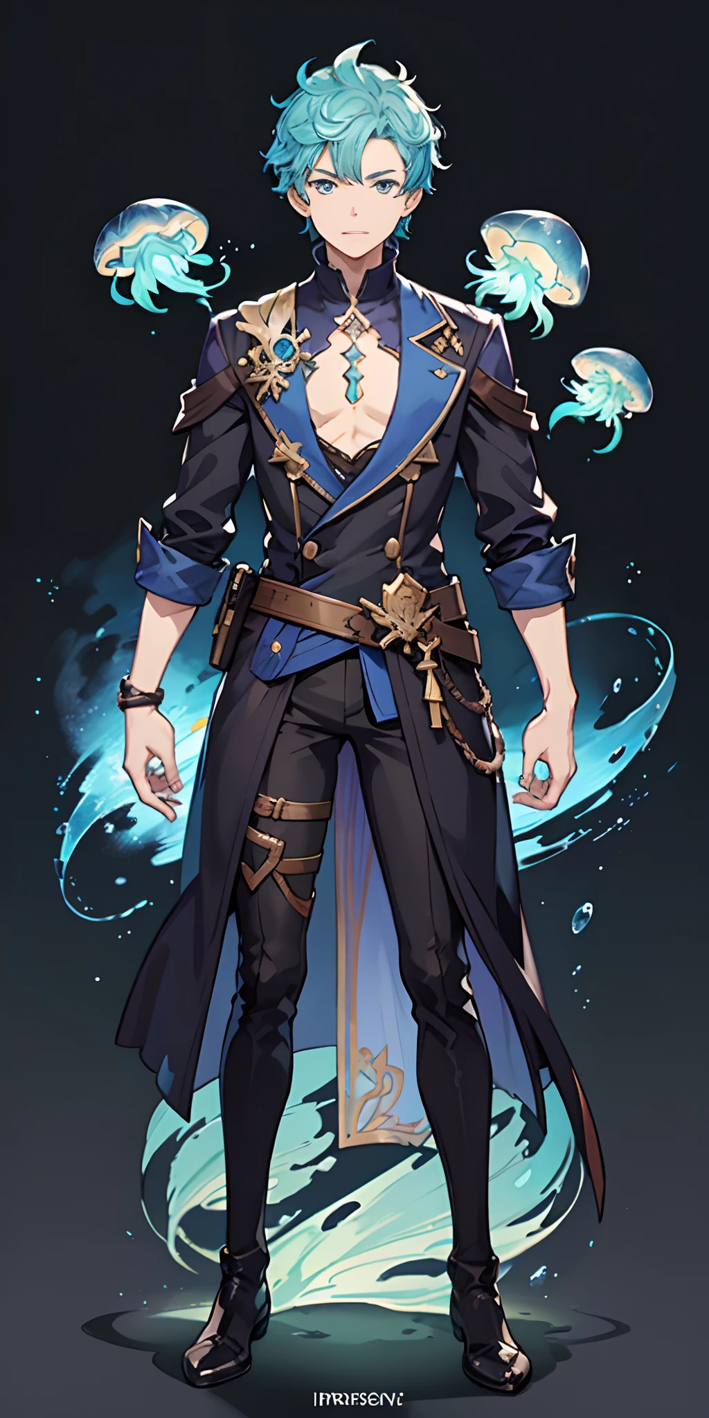 Beautiful detailed character reference sheet, a boy, blue cute demon Slayer costume, glowing opal , jellyfish motive, iridescent, ultra detailed, granblue fantasy, anime key visual, game art