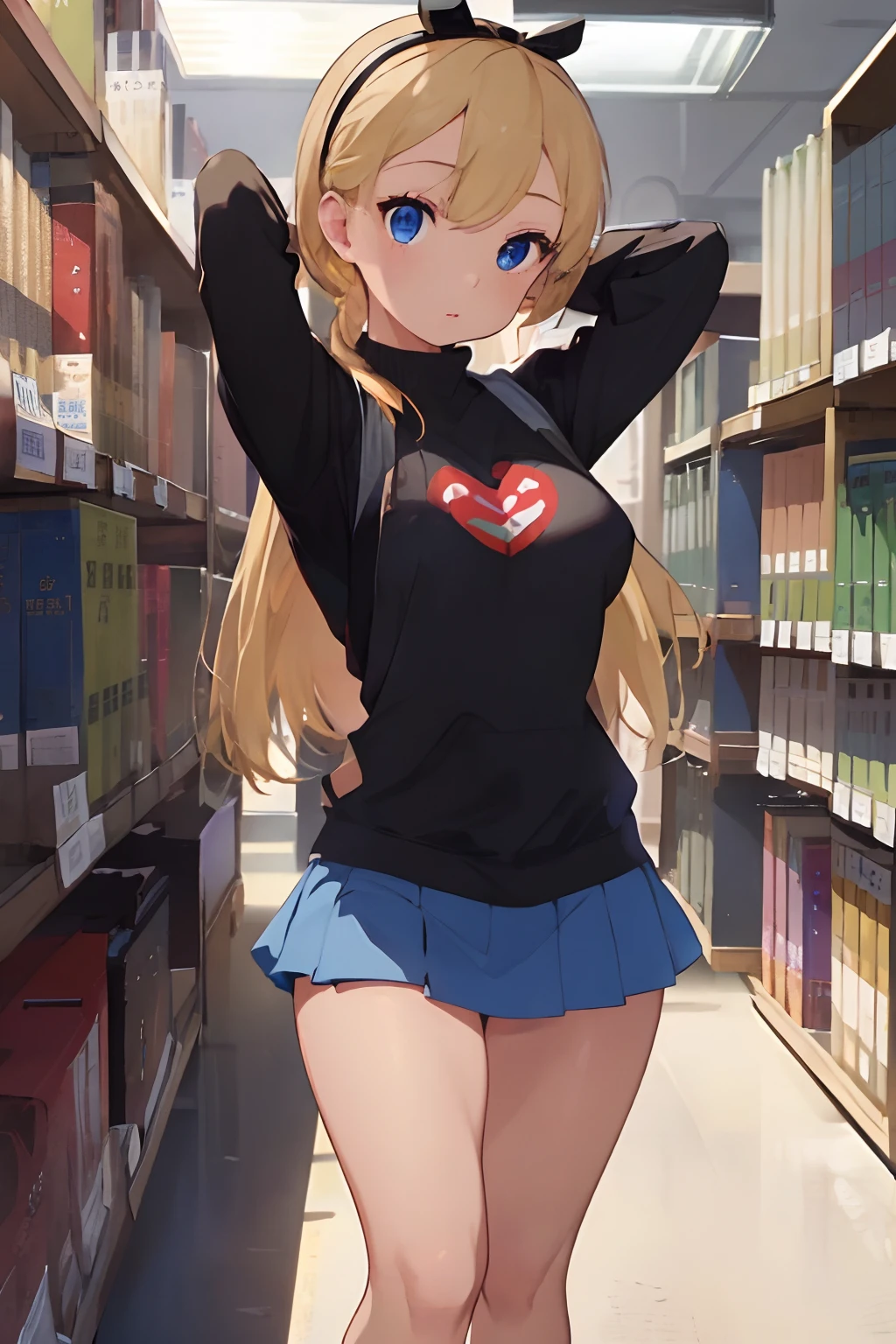 (​masterpiece、top-quality;1.3)、ighly detailed、1girl in、atlibrary、Black Hair Band、Blonde long hair、big breast beauty、barechested、Show 、Open your legs and show your pants、a miniskirt