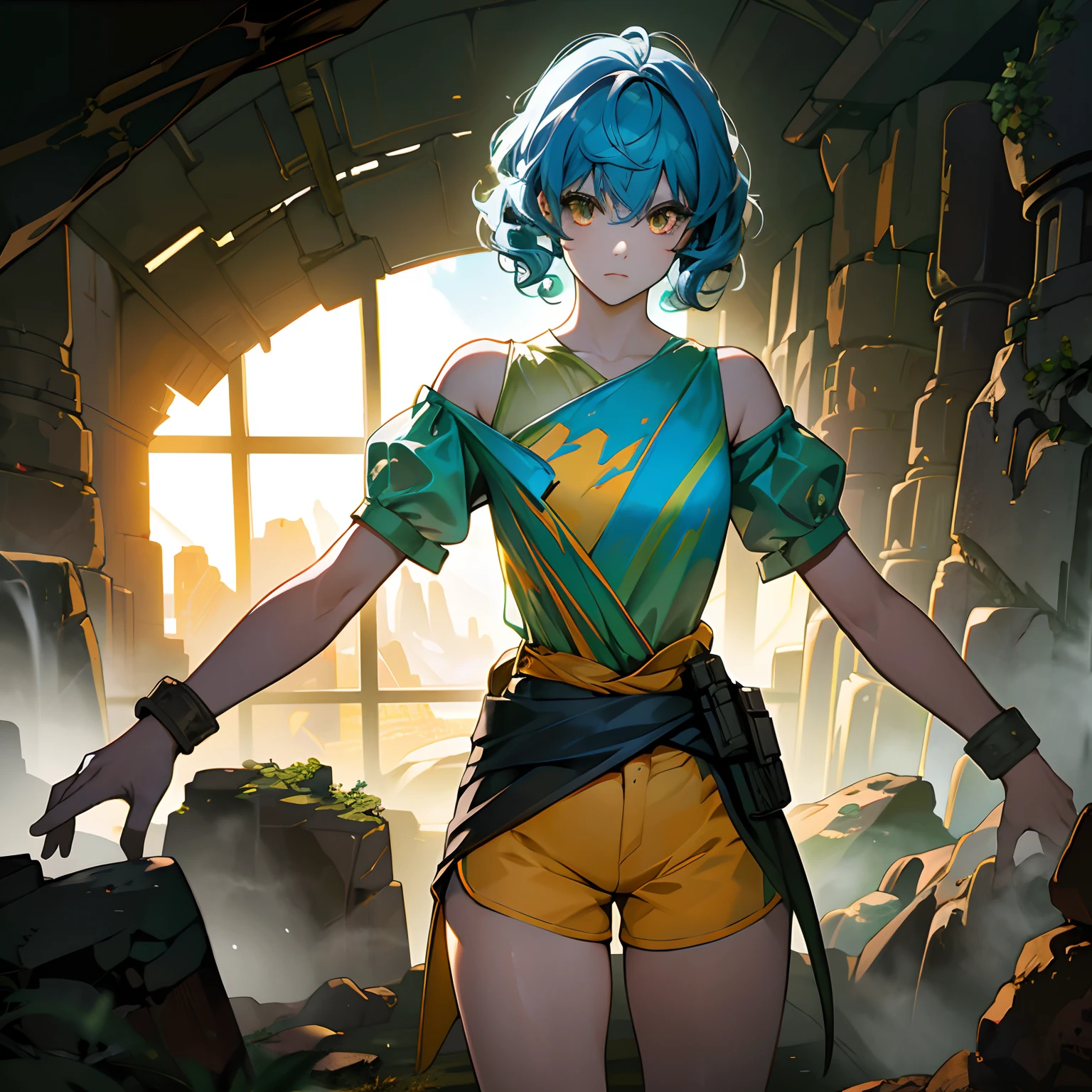Bright lens: 1.3), epic realistic, Yellow eyes, Girl Raiders, (One girl), Light gray opaque short-sleeved top, Transparent waist fabric, Wavy curls 1.4, (Dark blue hair), Short hair, Dark blue and orange color scheme, (Light green shorts), The aesthetics of the wasteland and canyons!!! n Ruins, Soft cinematic light, Adobe Lightroom, darkroom, hdr, complexity, Green bracelet on the arm, A red gigi band on a transparent fabric at the waist, Thong under shorts
