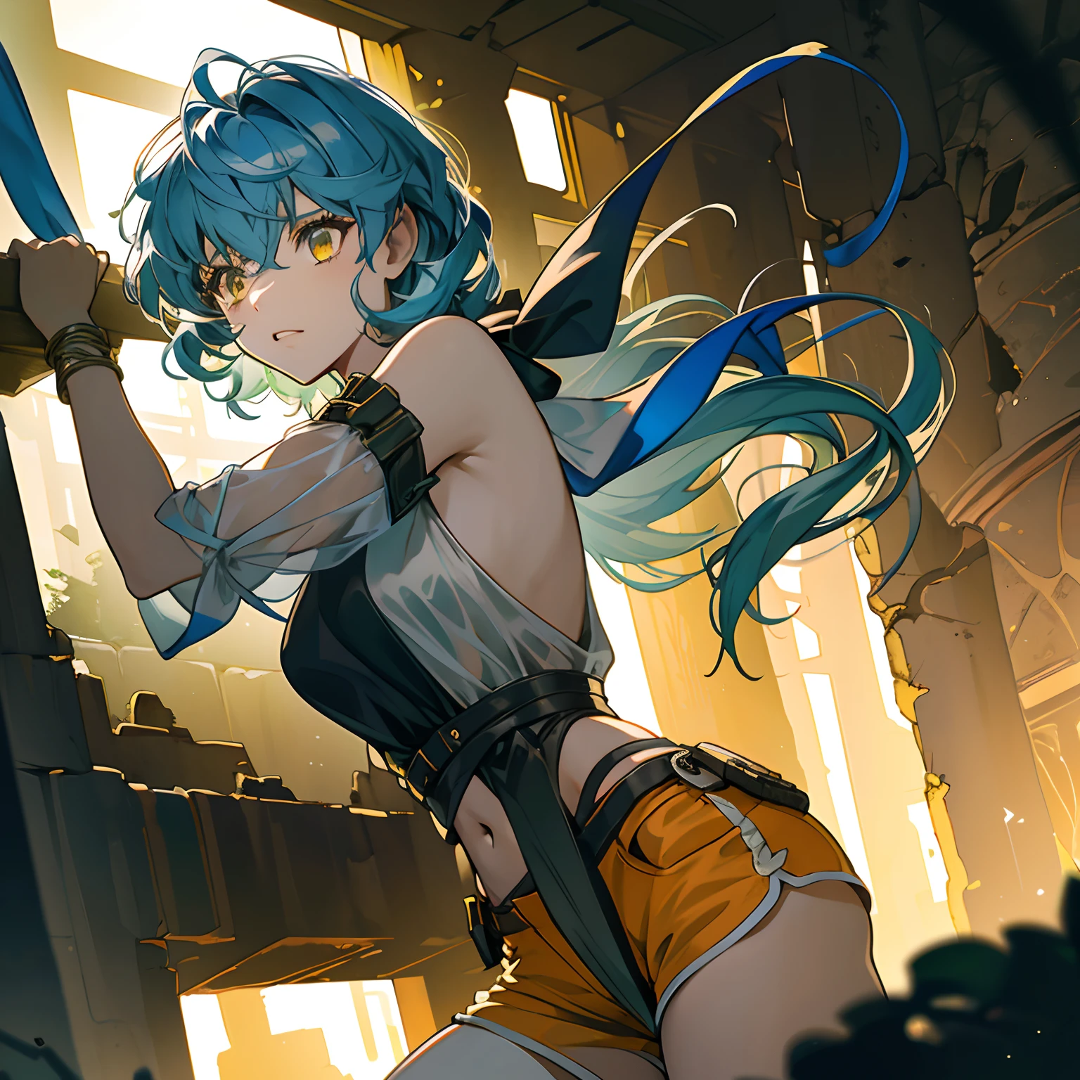 Bright lens: 1.3), epic realistic, Yellow eyes, Girl Raiders, (One girl), Light gray opaque short-sleeved top, Transparent waist fabric, Wavy curls 1.4, (Dark blue hair), Short hair, Dark blue and orange color scheme, (Light green shorts), The aesthetics of the wasteland and canyons!!! n Ruins, Soft cinematic light, Adobe Lightroom, darkroom, hdr, complexity, Green bracelet on the arm, A red gigi band on a transparent fabric at the waist, Thong under shorts