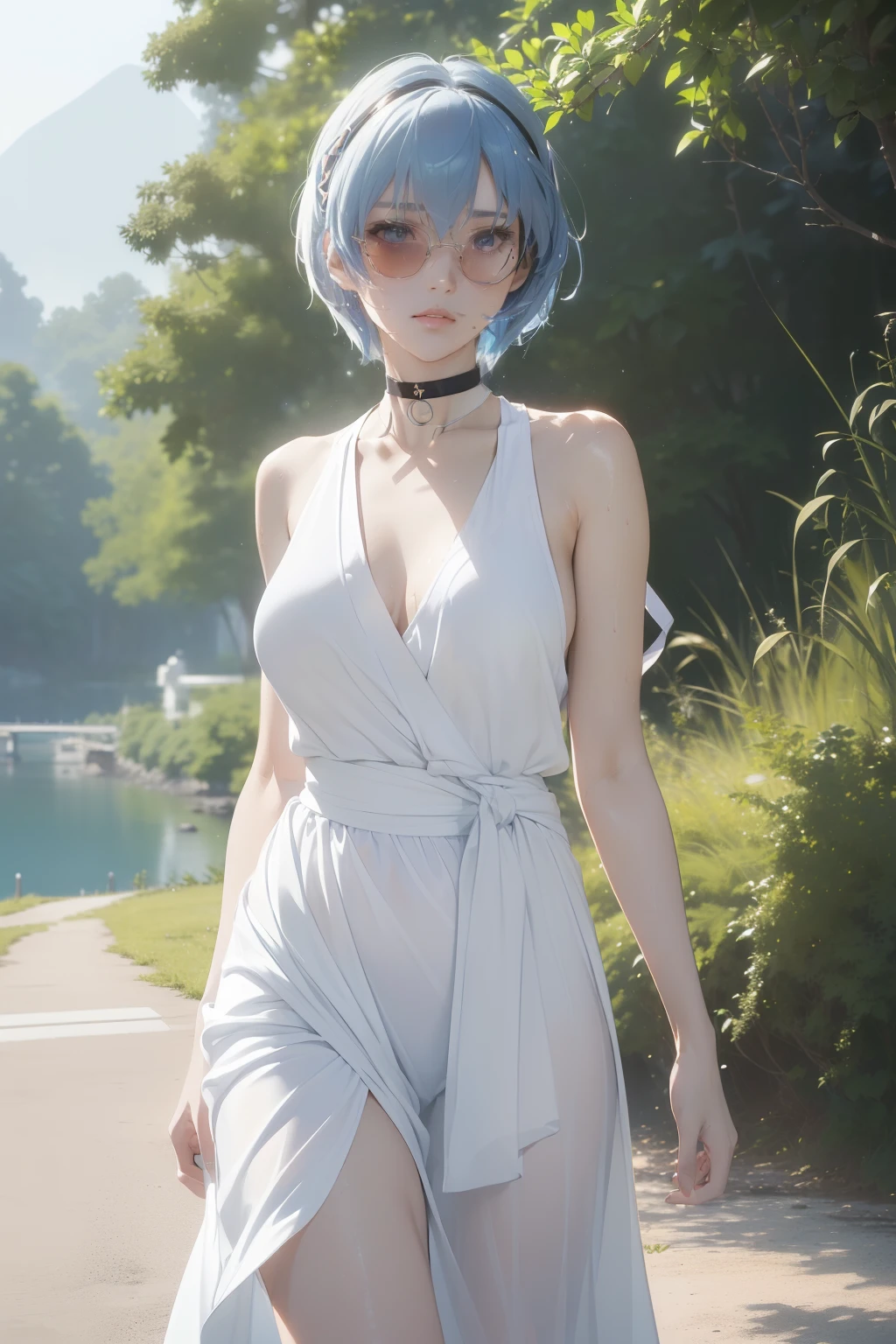 (masterpiece, best quality, ultra-detailed, 8k, wallpaper, photorealistic), ((perfect hands)), ((perfect anatomy)), ((large breasts)), long round legs, round ass, ((alluring anime girl)), ((Rei Ayanami)), ((capturing her ethereal beauty with pale wet skin, wet short indigo hair)), ((and bright crimson eyes that seem to hold a mysterious depth)), ((a long, flowing white maxi dress that echoes Rei's signature color palette and modest elegance, incorporate subtle blue accents, blue belt or blue ribbon tied around your waist for a touch of color)), ((Opt for white sneakers that provide comfort for walking during summer outings while maintaining the overall simplicity of the look)), ((wear a thin, understated choker necklace around your neck as a nod to Rei's classic style)), ((minimalist, angular sunglasses with a thin frame to capture Rei's enigmatic aura)), ((close-up shot)), ((dynamic background)), ((sensual pose))