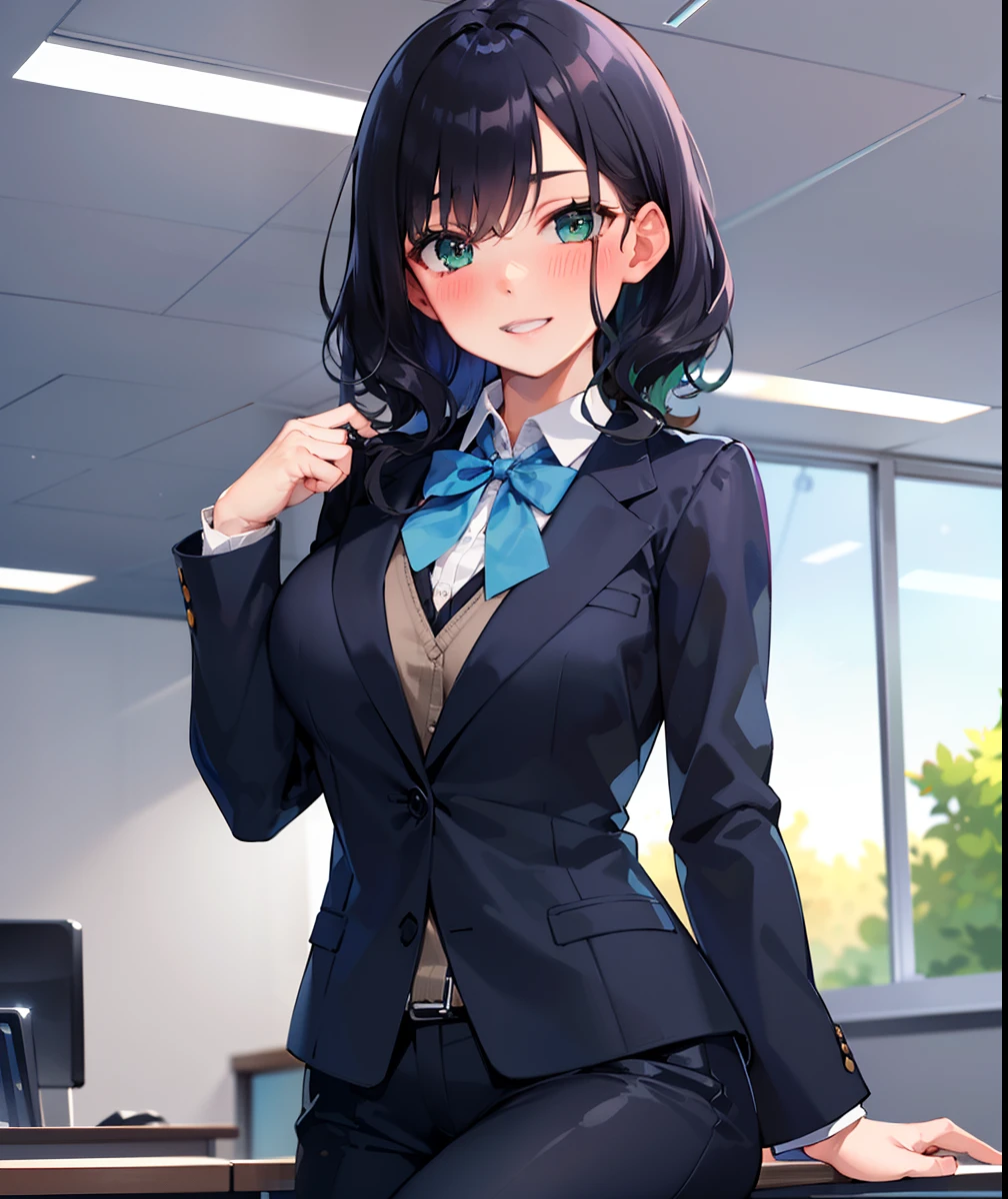 (solo, girl, friendly looking buisness woman), best quality, light blue, (buisness suit, light blue ribbon tie, bow tie in hair), black dyed hair, slightly curly hair, dark green eyes, medium bust, blushing, making a happy and excited expression, sitting ontop an office desk, (bright atmosphere, natural lighting, high tech office environment, office background), hands to on sides, leaning over desk