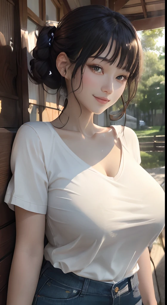 masutepiece, Best Quality、Realistic, ( Intricate details, depth of fields)、Hyper-Realism, 8K, Best Quality, Super Detail, retinas, ighly detailed, Perfect face, Perfect body, Huge breasts, Constriction, Very big ass, Glamour, indirect lighting, hair wavy、Shorthair、prety woman,A dark-haired、goddess of Japan、 the perfect appearance, Smile, ta, Oily skin、shinny skin, Shot in a beautiful natural park, Anatomically correct((Full Body including thighs))a picture、Skin Texture、Walk from the front、Loose white t-shirt((shortsleeves))、Denim jeans l