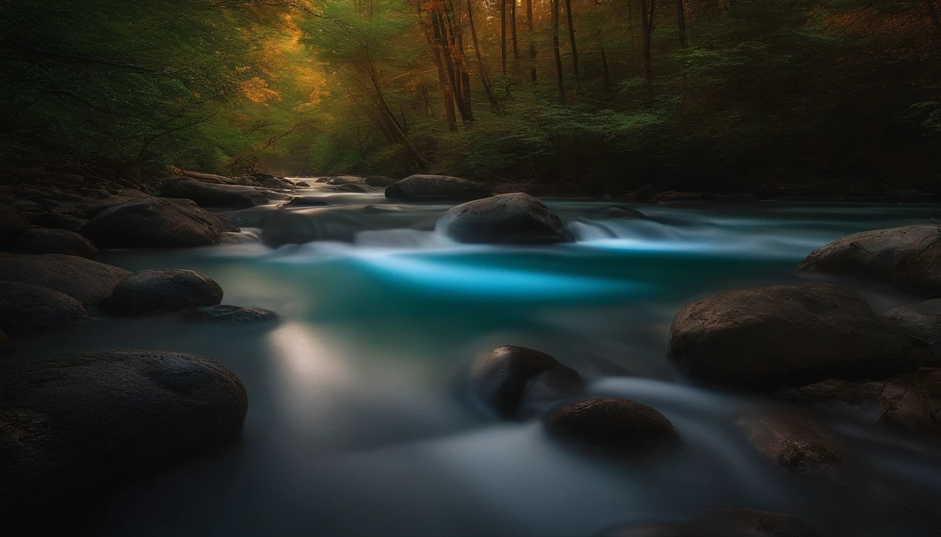 There is a stream flowing through the forest.、Seeing stars in the night sky。The water is clean。some stars shining in the sky。