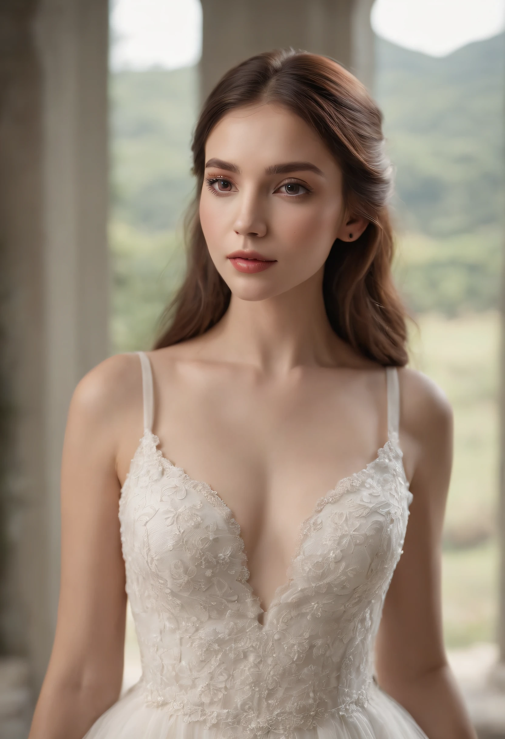 1 menina bonita,韓国アイドル, (Realistic:1.3) (corpo inteiroesbian:1.3), Standing photo, Fique em frente ao lago azul, vestido de noiva branco, vestido macio, master part, lighting soft fuzzy, retrato, best quality, (rosto perfeito:1.4), ultrarrealista altamente detalhado, Complex and realistic simulation style photos, Cinematic lighting, studio shoot, pose elegante, parte superior do corpo
