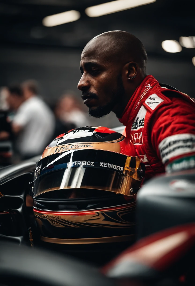 Black Man Formula 1 Driver Tattoos on Leg and Neck