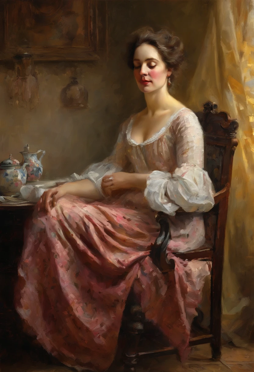 A Highly detailed, realistic thick Oil painting of a woman with {{Gigantic saggy breasts}}, {{Milk breasts}}, {{for milking}}, {{Huge nipples}}, Glass jar with pink roses, sitting in a chair with her feet up an open book laying on her tummy, by open window witha bird purched on the ledge watchihng her sleep peacefully, {{Net curtains blowing in the breeze}} clay interior walls, her eyes closed, perfect arms and hands, elegant in nature, beautiful backlighting on hair, full lips, wavy hair, up-do, her elbow leaning on arm of chair, {{Antique rosewood armchair / Georgian button back chair}}, with her hand resting under her chin, smiling about the events of the day, wearing a beautiful polka dots dress, with exposed cleavage, {{nudity}} breasts exposed and hanging out, {{1 breast out leaking milk from nipple}}, ((golden ratio}} sleepy after a long day, a sensual painting, a Beautiful expressive painting, Wadim Kashin. Ultra photo realism, Louise Ross, digital painting art, Perceptual digital painting, Stylish digital painting, Bonito painting, glossy digital painting, beautiful digital painting, digital art painting, Fine paintings, thick strokes, pallette knife, impasto, Albrecht Dürer, Rembrandt, baroque art, alla prima, sfumato, chiaroscuro, intense light, {{catchlight}}