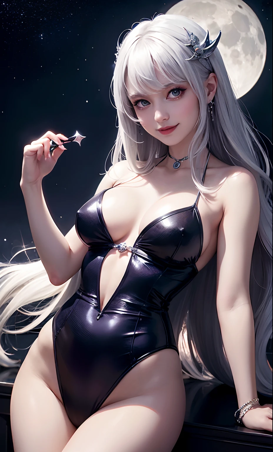 As the moon casts its silvery light upon the land, the cute smiling enchantress beckons you to join her in the realm of darkness. With a flick of her wrist, she conjures a stunning display of lunar magic, her visage radiating with an otherworldly allure that is impossible to resist.