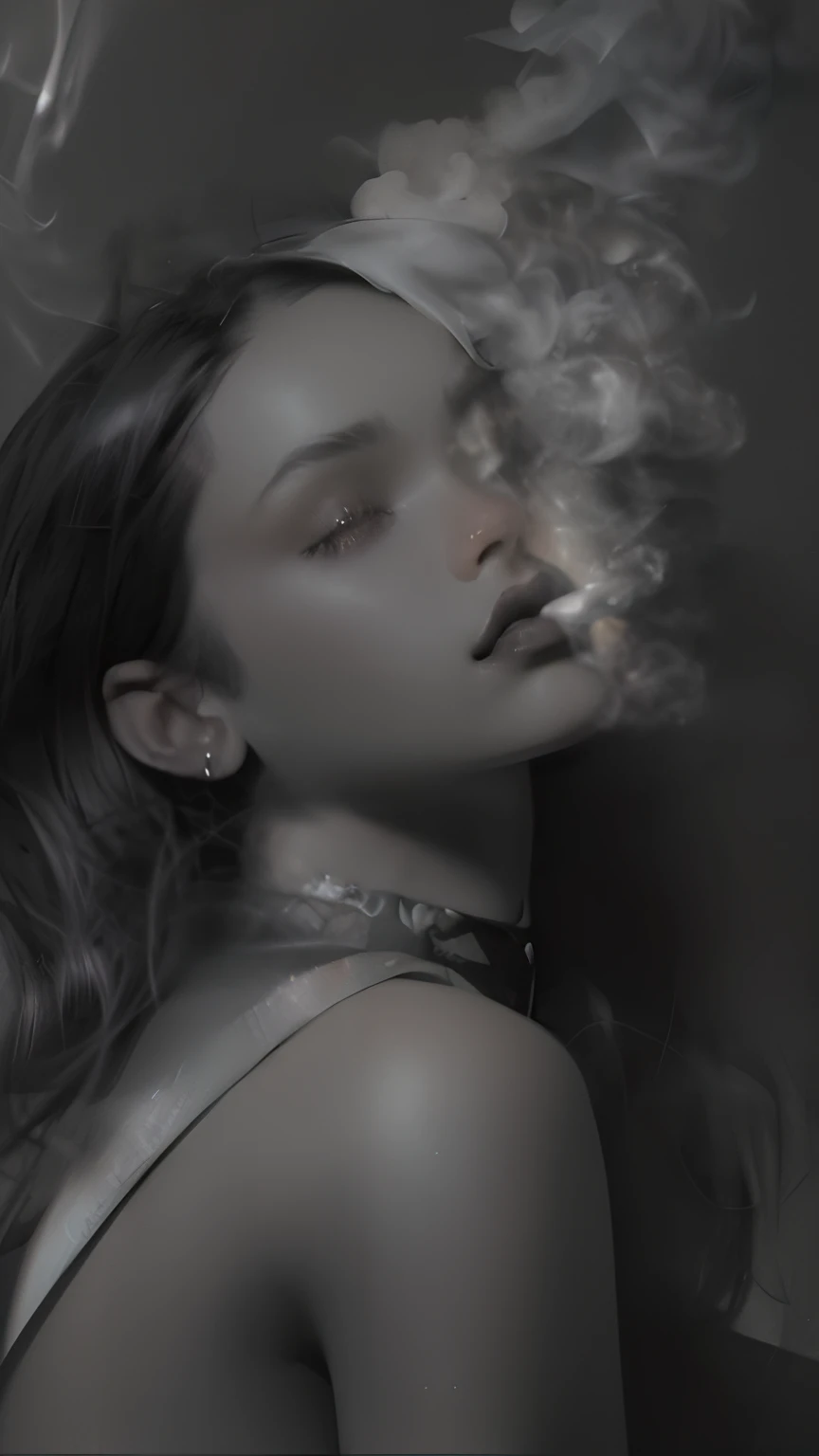Una foto en blanco y negro de una mujer con humo saliendo de su boca, con humo, intenso ardor, tabaquismo, dramatic smoking pose, humo de sus ojos, Rihanna, humo intenso, Smoldering, humo saliendo de su boca, con cigarro, unreleased, Fuma, Suave efecto de humo, humo, Humo a su alrededor, photo session, humo suave, (humo)