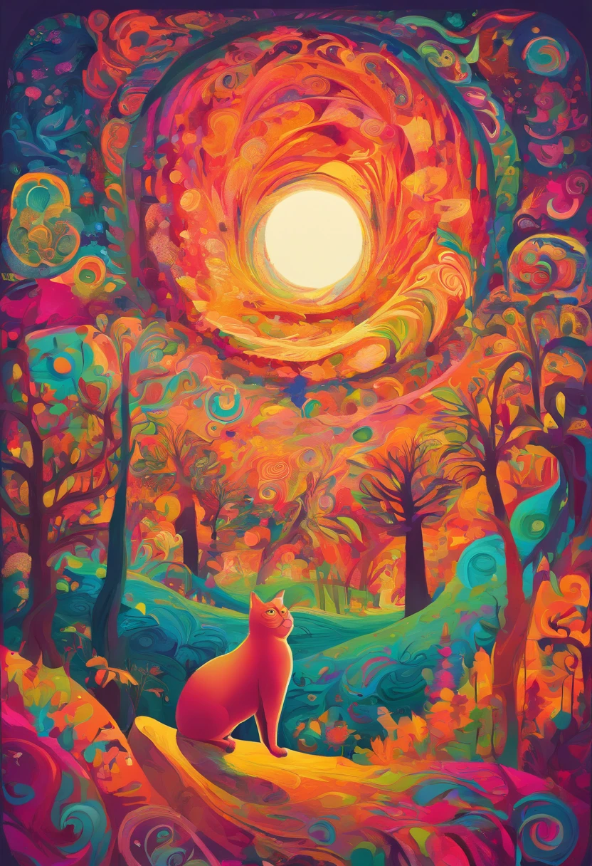 masterpiece, best quality, a fat cat with middle aged man in forest, moon, morning
