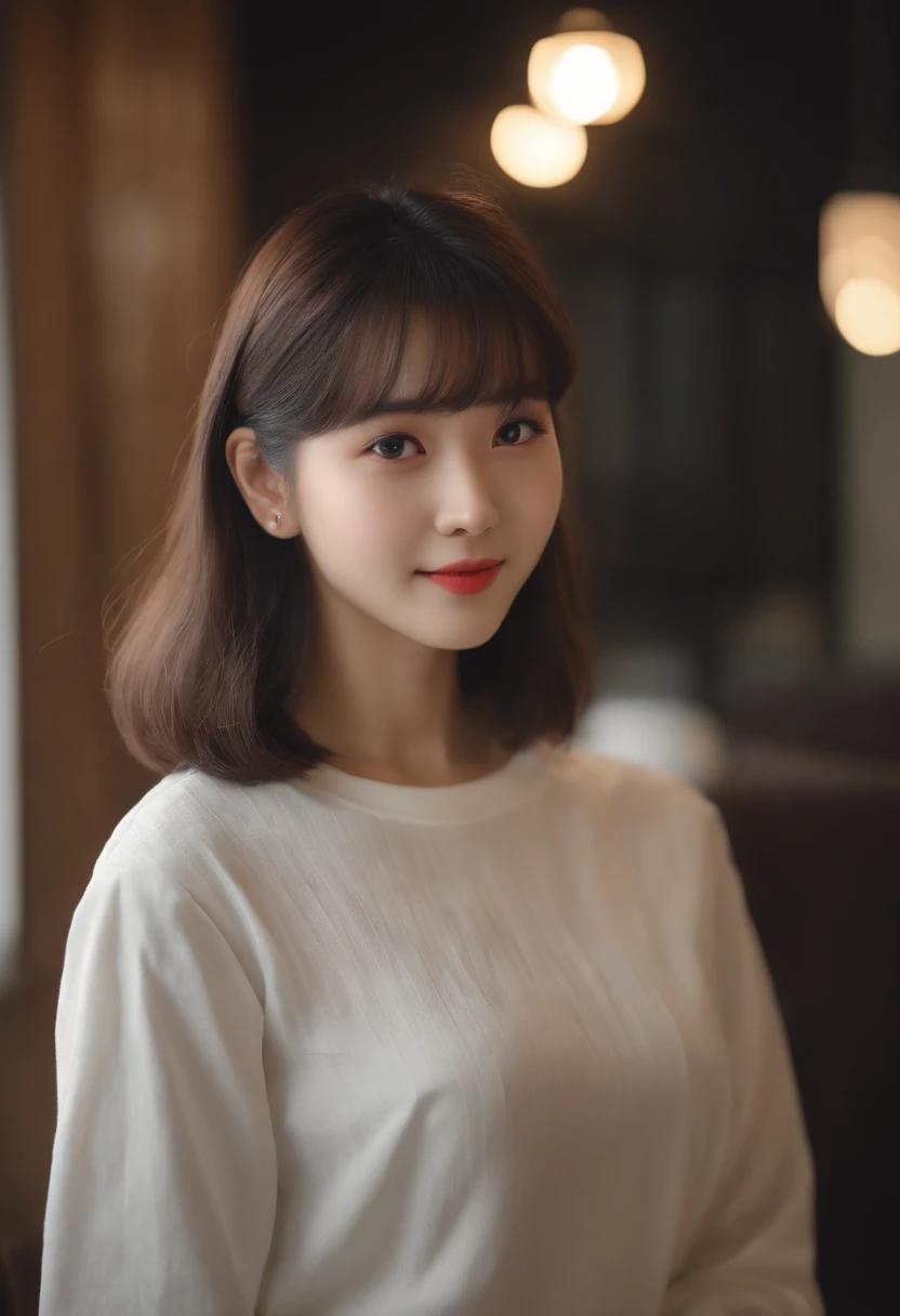top-quality, Photorealsitic, ​masterpiece, 8K, Hi-Res, 独奏, 1girl, (((infp young woman))),sixteen years old、full bodyesbian、(small tits), ((Look at viewers)), (look at a camera), ((Various hairstyles close to long)）、Perfect straight black hair、With bangs、 (profetional lighting), Highly detailed bright face、Gentle Japan girl、Nice smiling face、White T-shirt（long-sleeve）、Checked pleated skirt、Standing in the room