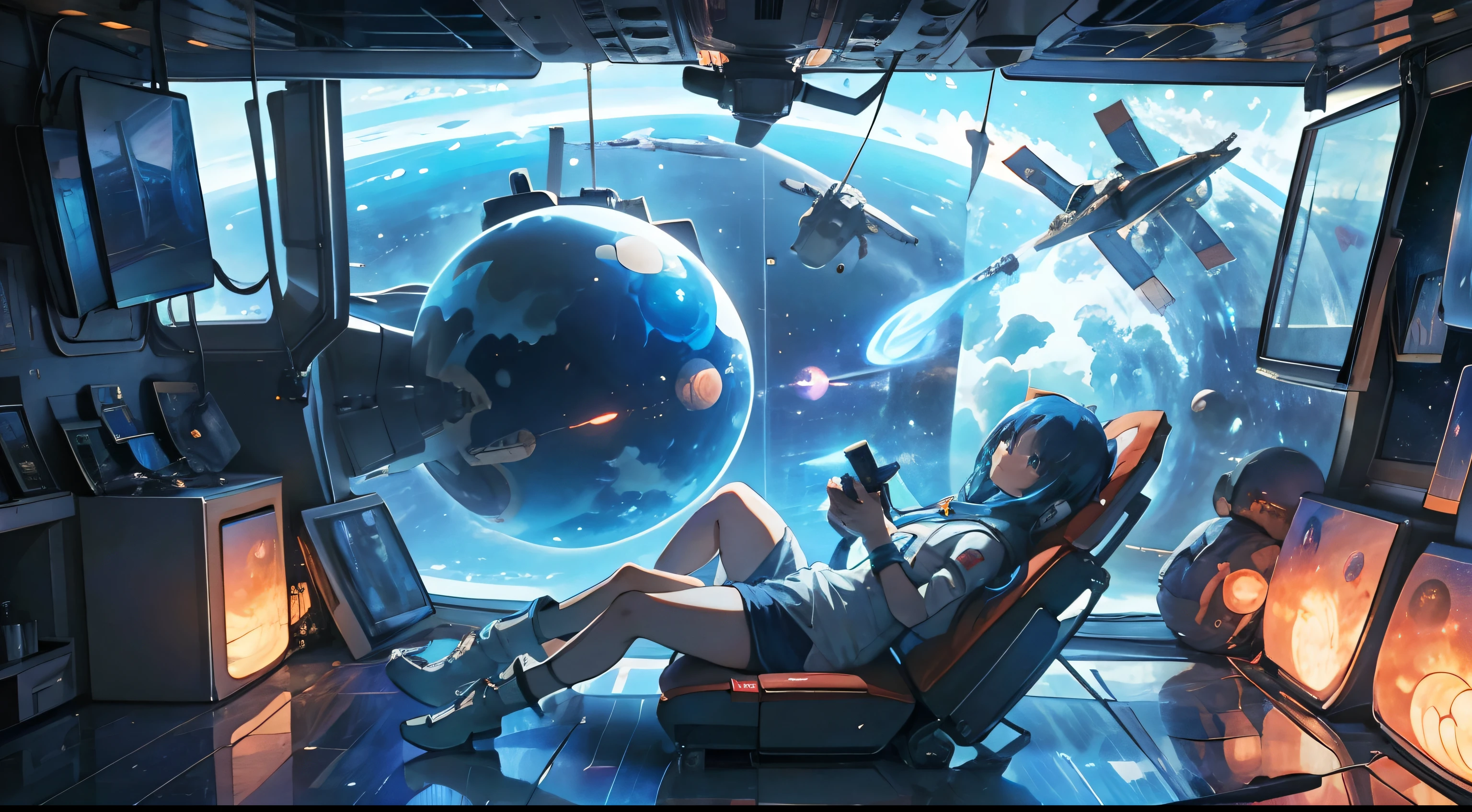 a woman watching TV on the space station, anime style, girl in space, on the space station, anime style, sitting in a spaceship, astronauts relaxing in space, anime style, Outside the window is earth, inside the TV futuristic space battle, anime style, spaceship in the background, spaceships fighting in the background --auto