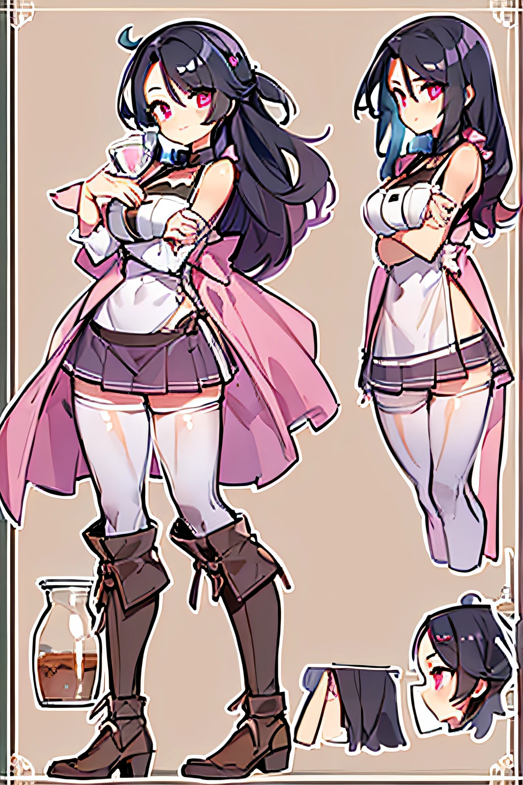 (CHARACTERSHEET:1) (MULTIPLE VIEWS FULL BODY UPPER BODY REFERENCE SHEET:1) 1 girl, medieval tavern barista, black hair, pink eyes, long hair, hourglass figure, slim