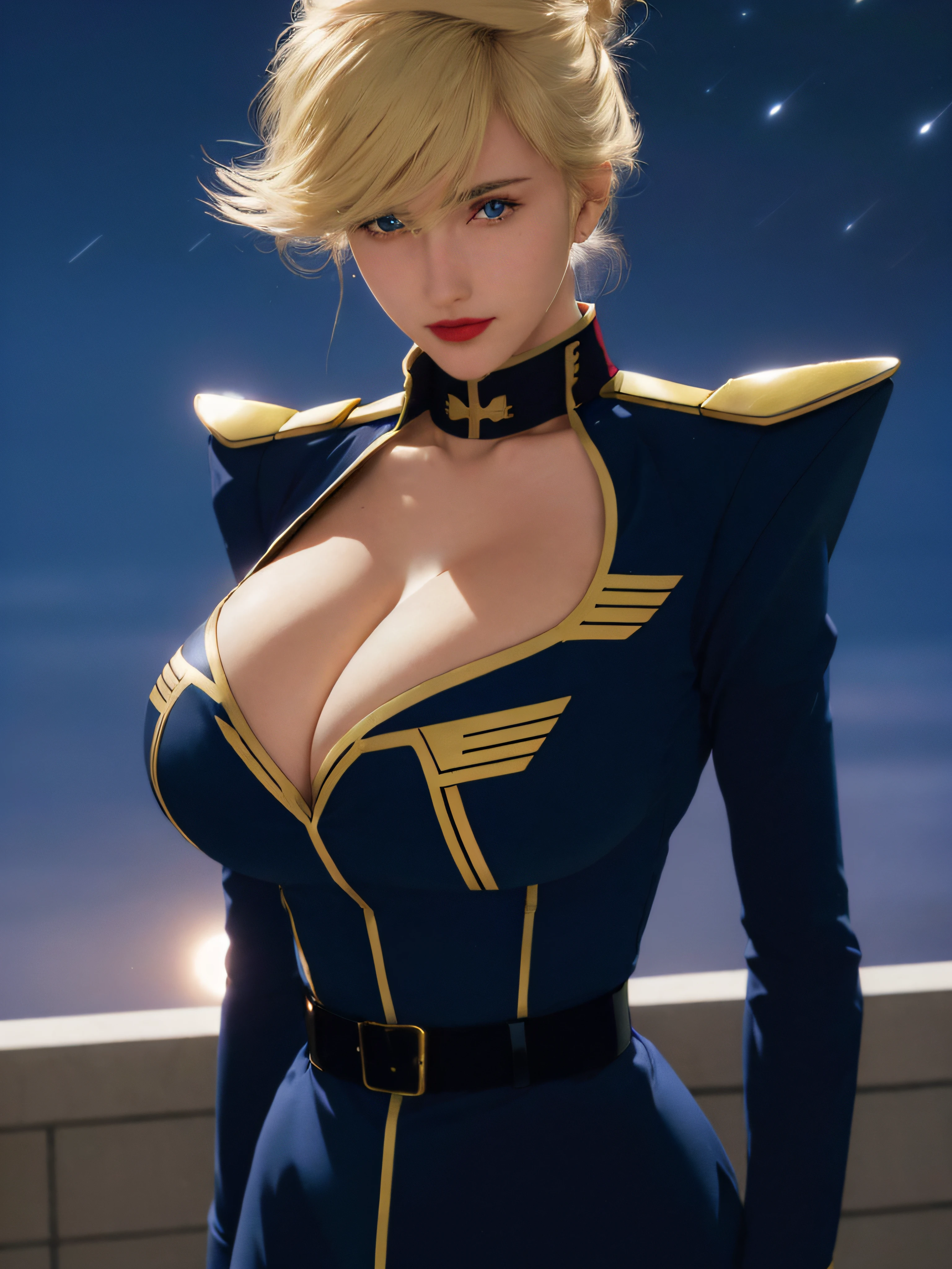 (Night:1.7), Japan, Tokyo, CityView, Before Window,
Standing at attention,
Blue_military_uniform,pantyhose, a uniform with gold trims and a collar,DEEP_cleavage, collarbone,shirt,belt,
blonde hair,blue eyes,lipstick, Bangs,Hair_bun,
1 girl, 20yo,Young female,Beautiful Finger,Beautiful long legs,Beautiful body,Beautiful Nose,Beautiful character design, perfect eyes, perfect face,expressive eyes,
looking at viewer, in the center of the image,(Upper_body),(Focus on her face),
official art,extremely detailed CG unity 8k wallpaper, perfect lighting,Colorful, Bright_Front_face_Lighting,
(masterpiece:1.0),(best_quality:1.0), ultra high res,4K,ultra-detailed,
photography, 8K, HDR, highres, absurdres:1.2, Kodak portra 400, film grain, blurry background, bokeh:1.2, lens flare, (vibrant_color:1.2)
(Beautiful,large_Breasts:1.4), (beautiful_face:1.5),(narrow_waist),