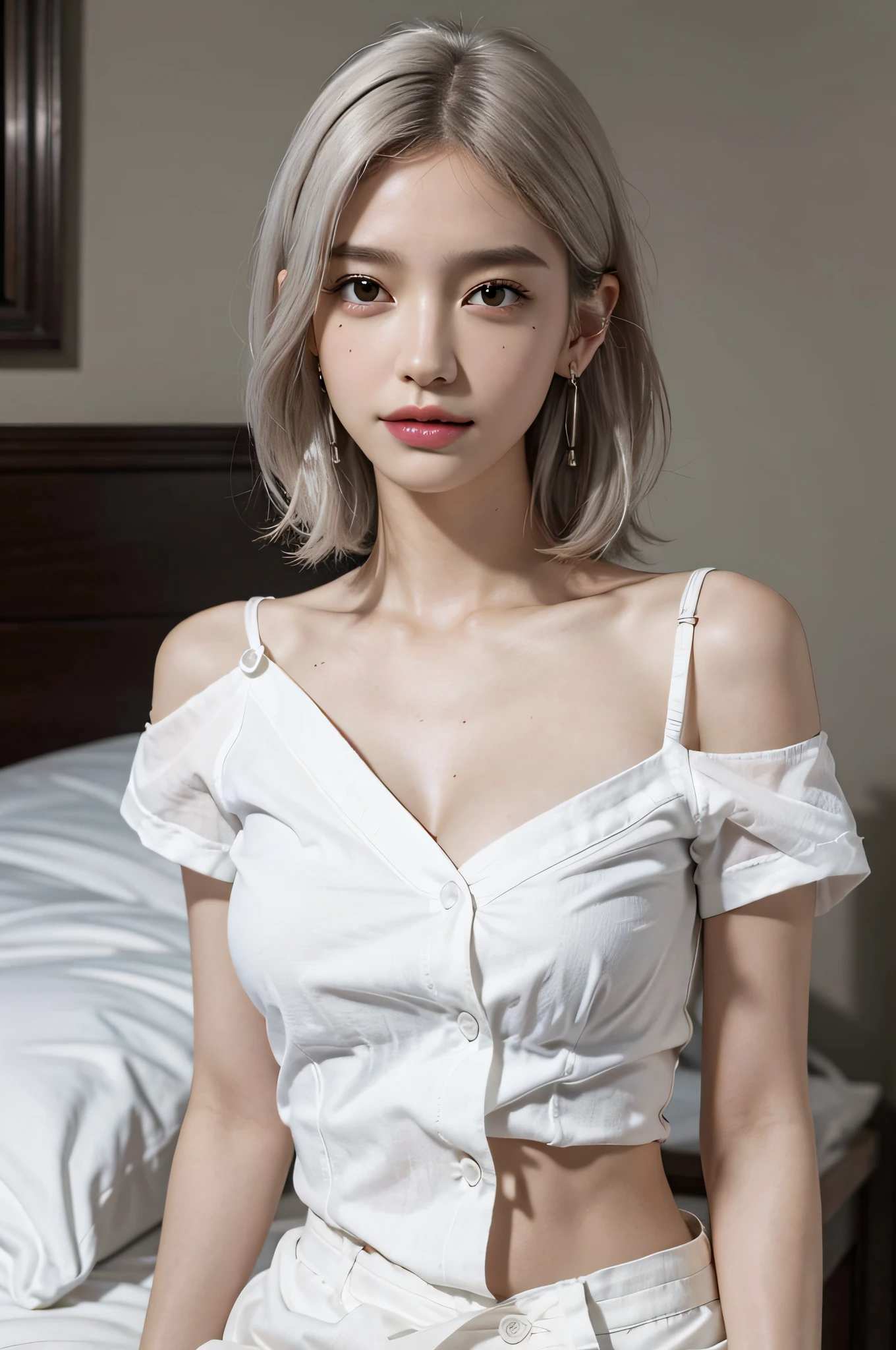 extremely delicate and beautiful, masterpiece, Best Quality, ultra high resolution, 16k, Photorealistic, ultra-detailed, Very detailed CG 8k wallpaper, Beautiful Lighting, Perfect Lightning, Realistic Shadows, anatomically correct, Detailed shiny skin, perfect figure, Latino, late 20s, Slim body, Slim abdomen, small head, handsome detailed woman, very detailed eyes and face, realistic face proportions, Stunning detailed eyes, Realistic small beautiful face, Realistic small beautiful eyes, double eyelids, makeup, tearful mole, mole on chest, earring, ((((huge round breasts)))), full body shot, short wavy hair, (((white bronze hair))), cleavage, bare legs, Soft midriff, Fine Collarbone, beautiful and very thin legs, beautiful and very thin thighs, bare shoulders, bare legs, ((white button up shirt)), Wet, at bed,