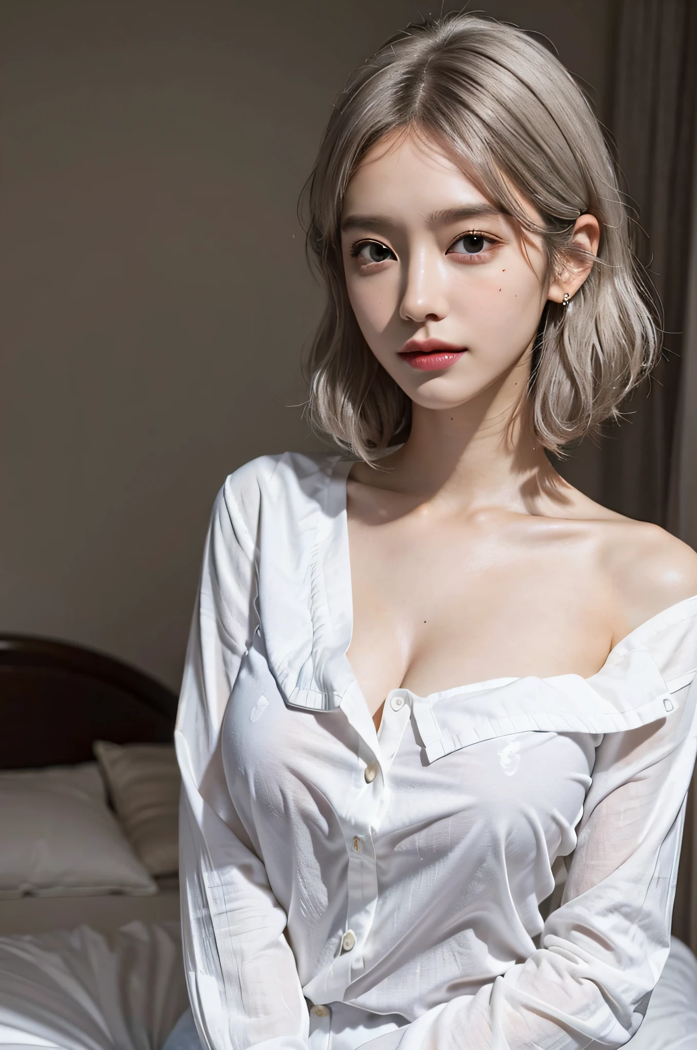 extremely delicate and beautiful, masterpiece, Best Quality, ultra high resolution, 16k, Photorealistic, ultra-detailed, Very detailed CG 8k wallpaper, Beautiful Lighting, Perfect Lightning, Realistic Shadows, anatomically correct, Detailed shiny skin, perfect figure, Latino, late 20s, Slim body, Slim abdomen, small head, handsome detailed woman, very detailed eyes and face, realistic face proportions, Stunning detailed eyes, Realistic small beautiful face, Realistic small beautiful eyes, double eyelids, makeup, tearful mole, mole on chest, earring, ((((huge round breasts)))), full body shot, short wavy hair, (((white bronze hair))), cleavage, bare legs, Soft midriff, Fine Collarbone, beautiful and very thin legs, beautiful and very thin thighs, [[bare shoulders]], bare legs, ((white button up shirt)), ((Wet)), at bed,
