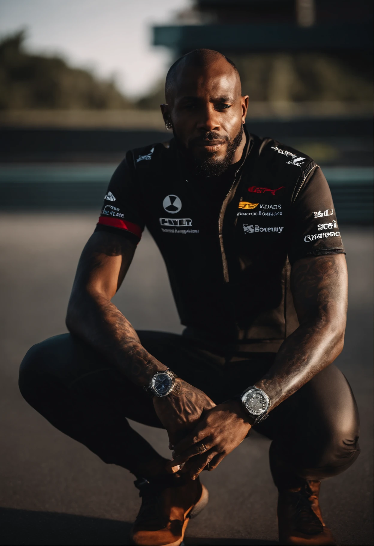 Black Man Formula 1 Driver Tattoos on Leg and Neck