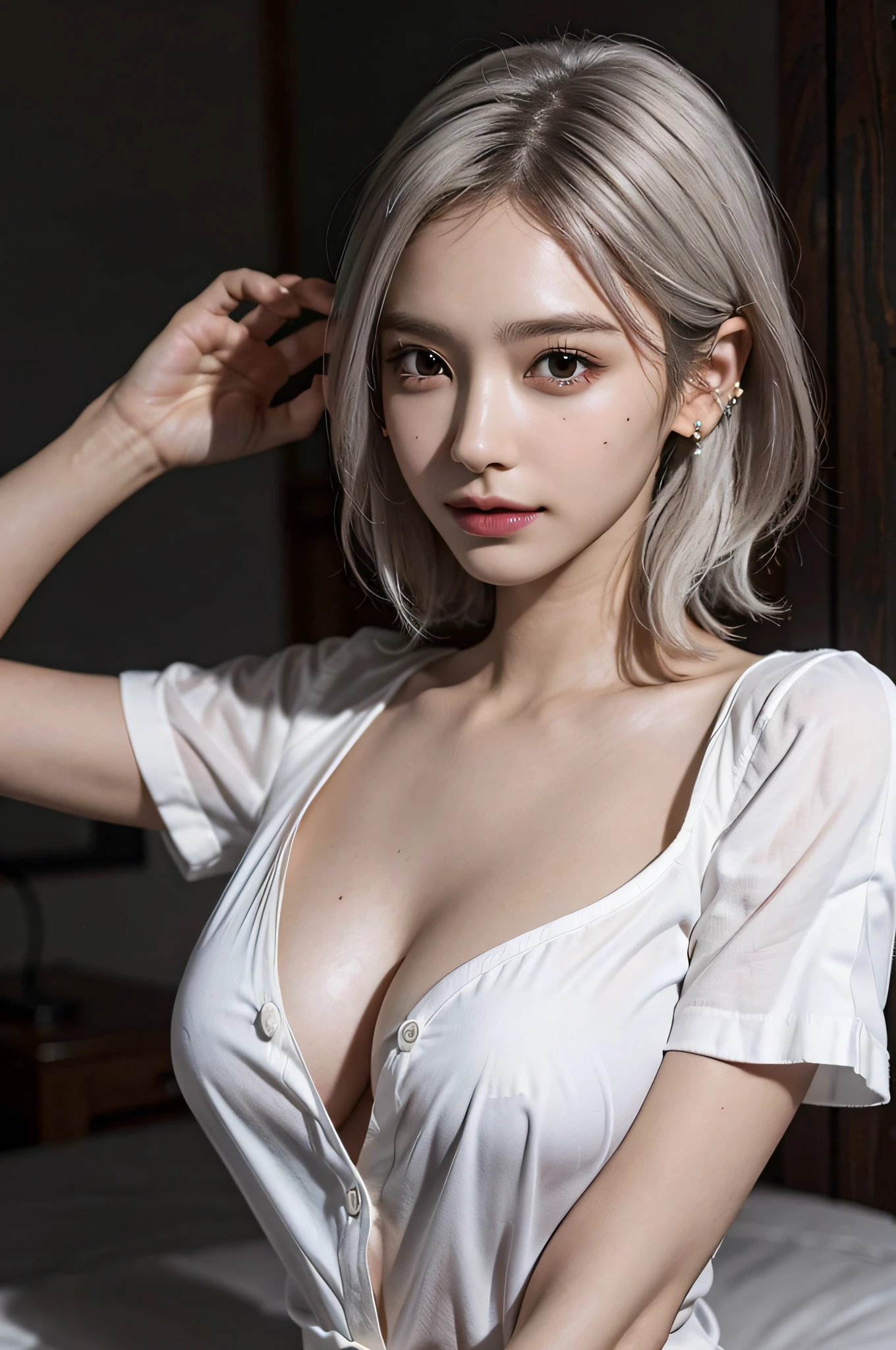 extremely delicate and beautiful, masterpiece, Best Quality, ultra high resolution, 16k, Photorealistic, ultra-detailed, Very detailed CG 8k wallpaper, Beautiful Lighting, Perfect Lightning, Realistic Shadows, anatomically correct, Detailed shiny skin, perfect figure, Latino, late 20s, Slim body, Slim abdomen, small head, handsome detailed woman, very detailed eyes and face, realistic face proportions, Stunning detailed eyes, Realistic small beautiful face, Realistic small beautiful eyes, double eyelids, makeup, tearful mole, mole on chest, earring, (huge round breasts:1.5), full body shot, short wavy hair, (white bronze hair:1.3), cleavage, bare legs, Soft midriff, Fine Collarbone, beautiful and very thin legs, beautiful and very thin thighs, (bare shoulders:0.8), bare legs, (white button up shirt:1.2), Wet, at bed,