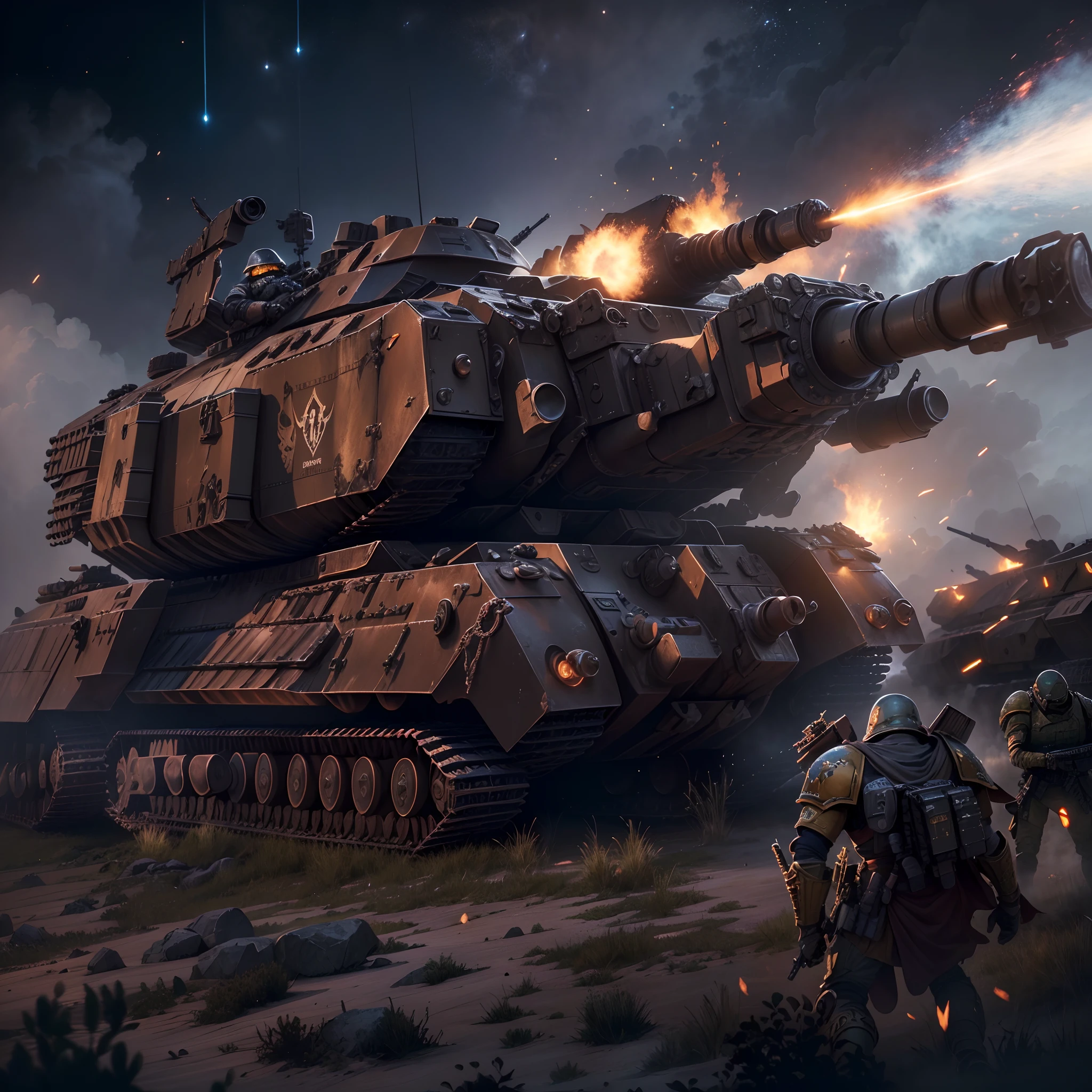 (The main subject: Wide-angle lens),（Warhammer 40K universe),(Intricate details),(((A huge combat vehicle on the battlefield))),(Wide sky), (sense of vastness),(Energy and vitality), (immersive experience), (Awe-inspiring), A masterpiece of digital art, (Best quality, 4K, A high resolution, Ultra-detailed), Vibrant colors, Dramatic lighting