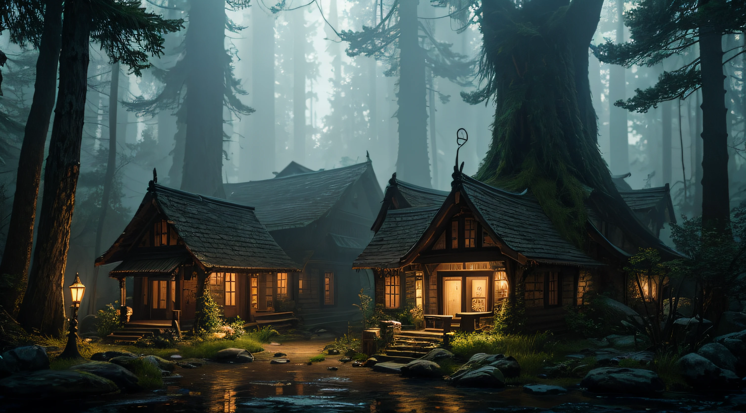 (concept art), (An intricate forest minitown, village, landscape trapped in a bottle), biome, thick glass, weathered, atmospheric oliva lighting, on the  table, 4k UHD, dark vibes, hyper detailed, vibrant colours, epic composition, octane render, sharp focus, detailed, intricate, (reflections, refractions, caustics:0.6), (high resolution isometric), 8k, HDR, realistic:1.4,