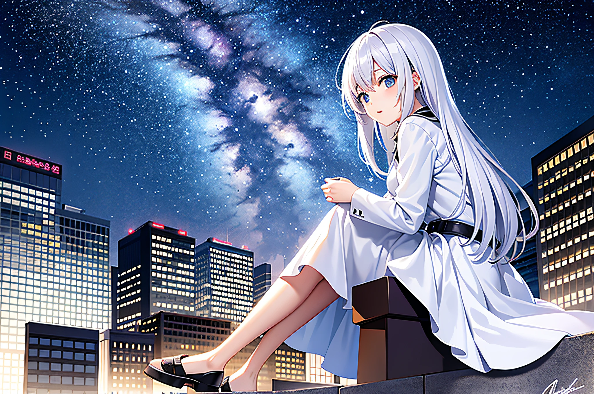octane, sky, Star (sky), scenery, Starry sky, Night, 1girll, Night sky, Solo, Outdoors, signatures, Building, Cloud, Milky Way, Sitting, tree, a white long skirt,long whitr hair, City, Silhouette, Cityscape。