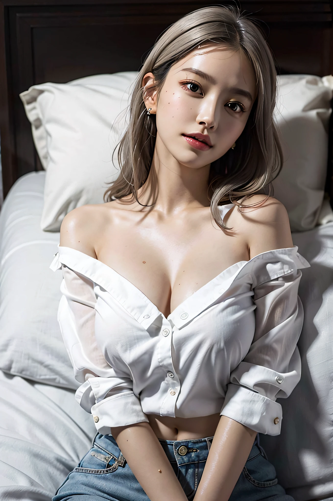 extremely delicate and beautiful, masterpiece, Best Quality, ultra high resolution, 16k, Photorealistic, ultra-detailed, Very detailed CG 8k wallpaper, Beautiful Lighting, Perfect Lightning, Realistic Shadows, anatomically correct, Detailed shiny skin, perfect figure, Latino, late 20s, Slim body, Slim abdomen, small head, handsome detailed woman, very detailed eyes and face, realistic face proportions, Stunning detailed eyes, Realistic small beautiful face, Realistic small beautiful eyes, double eyelids, makeup, tearful mole, mole on chest, earring, (huge round breasts:1.6), (full body:1.5), short wavy hair, (white bronze hair:1.3), cleavage, bare legs, Soft midriff, Fine Collarbone, beautiful and very thin legs, beautiful and very thin thighs, (bare shoulders:0.8), bare legs, (white button up shirt:1.2), (Wet:1.2), at bed,