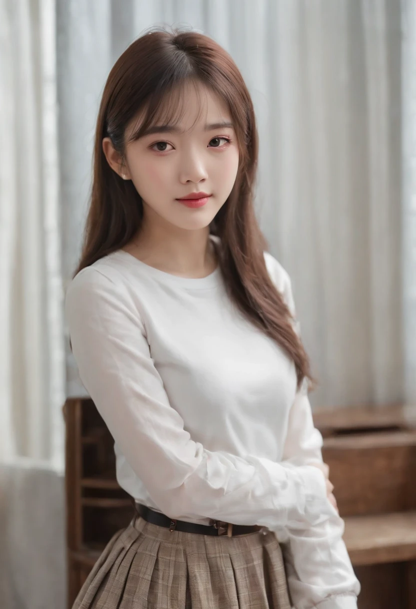 top-quality, Photorealsitic, masterpiece, 8K, Hi-Res, 独奏, 1girl, (((infp young woman))),sixteen years old、full bodyesbian、(small tits), ((Look at viewers)), (look at a camera), ((Various hairstyles close to long))、Perfect straight black hair、With bangs、 (profetional lighting), Highly detailed bright face、Gentle Japan girl、Nice smiling face、White T-shirt(long-sleeve)、Checked pleated skirt、Standing in the room