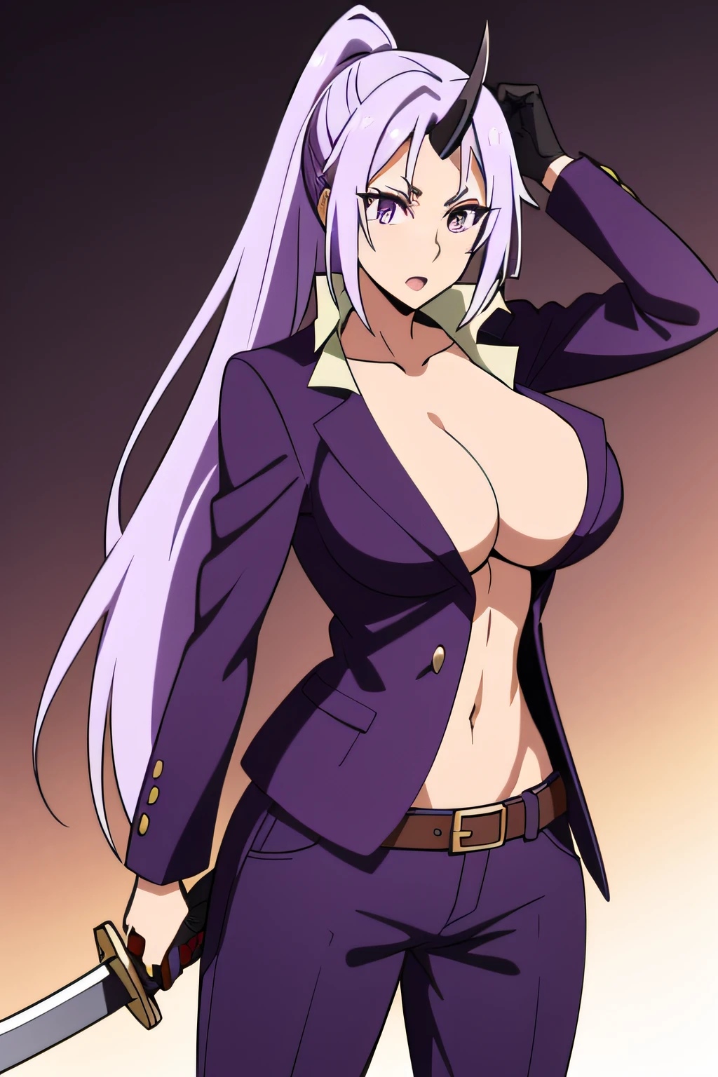 Shion 
1girl, belt, breasts, cleavage, collarbone, holding, holding_sword, holding_weapon, horns, katana, large_breasts, long_hair, open_mouth, pants, ponytail, purple_eyes, purple_hair, purple_jacket, shirt, simple_background, single_horn, solo, sword, very_long_hair, weapon, white_background