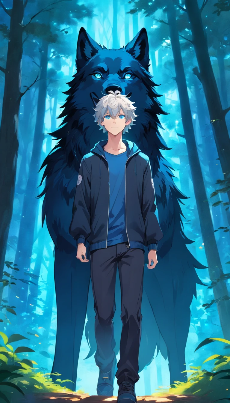 A young man with curly white hair and vibrant blue eyes dressed in black with blue details,In front of him was a huge black wolf,It is surrounded by the so-called Blue Forest