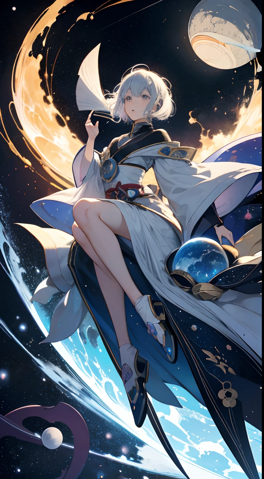 "Create an anime-style depiction of Genos, the alien Spacefaring Wanderer, a celestial spirit with a mysterious and ancient aura. He has a tall and slender build, with smooth, metallic silver skin that glows faintly under starlight. His eyes are deep voids of shimmering galaxies, filled with a calm, infinite wisdom. Genos wears a long, flowing robe made of dark, ethereal fabric that seems to contain constellations and nebulae, swirling slowly as he moves. His hair is a flowing, luminescent white, cascading like liquid stardust down his back. He wields a staff that resembles a fragment of an ancient, cosmic tree, with branches that reach out, holding small, glowing orbs representing distant planets. The background should depict a serene, star-filled cosmos, with distant planets and astral phenomena adding to the sense of his eternal journey through the universe."
