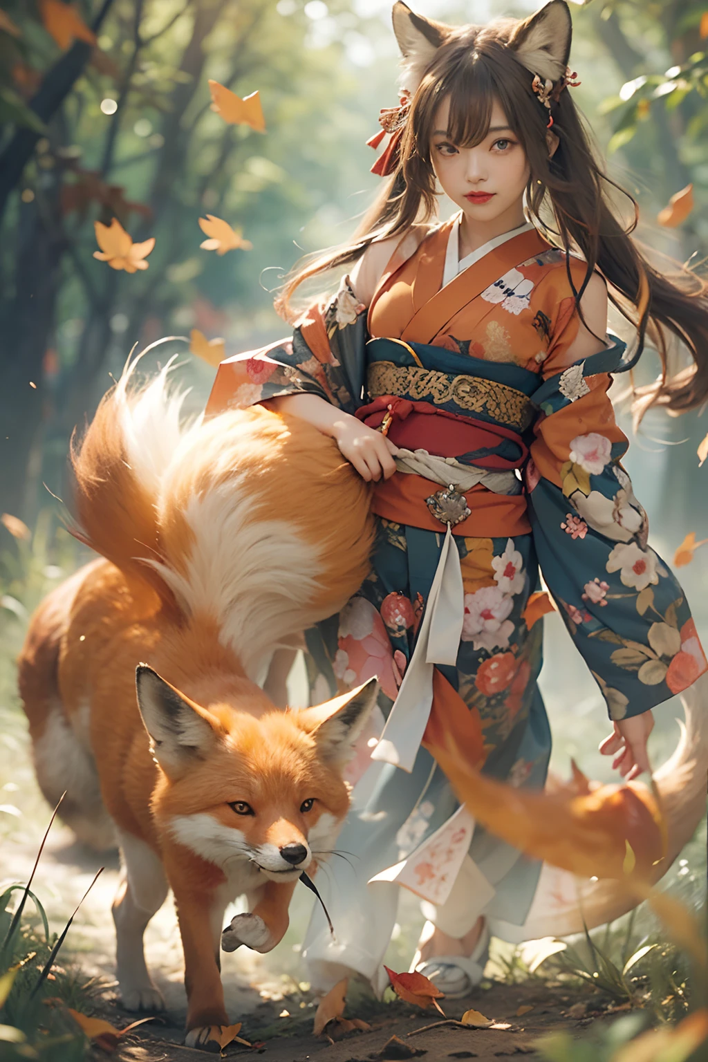 Two-shot photo of a girl and a fox,(Fantasia,Kitsune Yokai Four-Tailed Heavenly Fox,),(Girl and Fox Yokai: The Tale of the Four-Tailed Heavenly Fox),
(With a girl bent down deep in the forest and looking up,Fox Yokai Two-shot of a fox protecting a girl's back Poster of the four-tailed heavenly fox),
(natural soft light.)(Sunlight,),(Sunlight,),(Professional Lighting.),
(glossy light brown and orange two-tone color,,,,,,,,,,,,Wave Shortcut Hair,disheveled hair,),japanese kimono,Geta,Cute round face red lipstick,A cute smile that makes the viewer happy,
autumn forest,Strong wind soaring over dead leaves
Digital Illustration,
(Photorealsitic:1.3),(Raw photo.),
(masutepiece,top-quality,Ultra-high resolution output image,)
(The 8k quality,),(Image Mode Ultra HD,),(Image Mode Ultra HD,),(Sea Art 2.1:1.3,),Japan Anime Fantasy,