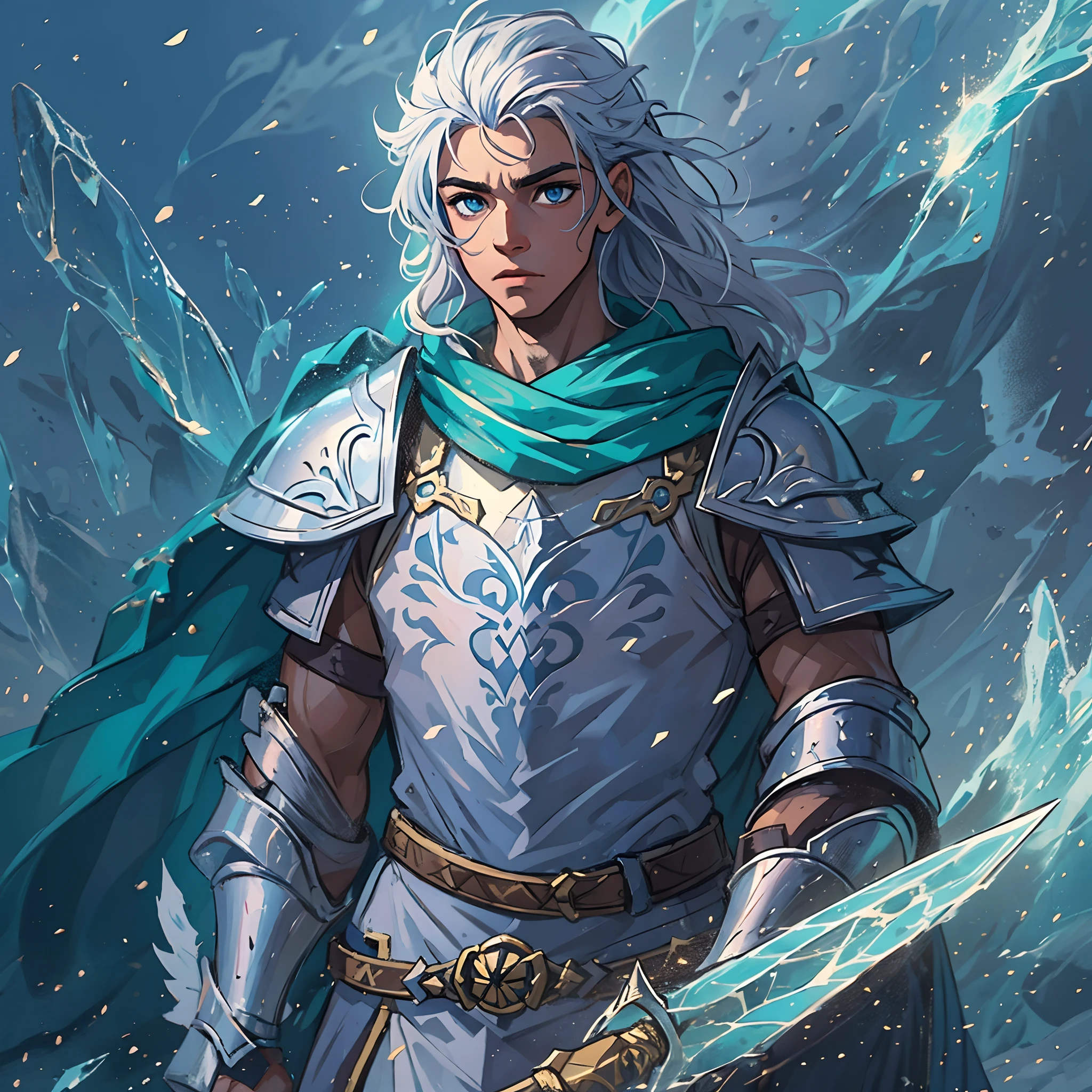 um jovem guerreiro, Um nobre cavaleiro, guerreiro de um reino vestindo ouro, armadura azul e branca;, uma armadura angelical, This warrior is young with ice powers, Um homem bonito com cabelos brancos lisos, your hair is of medium length at ear height like a Canal style haircut., tem cabelos brancos como a neve, He is a great warrior of a blue and white kingdom, His hair is of medium achievement and his eyes are blue as the ocean, He is from the Angelica family, Lights make up the image, juntamente com neve e um brilho branco, no fundo uma cidade de rpg durante um inverno enquanto neva, uma arte medieval para RPG