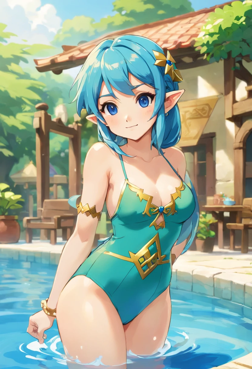 erotick、japanes、hi-school girl、erotick、Blue-haired、long、Paleo swimsuit、in poolside